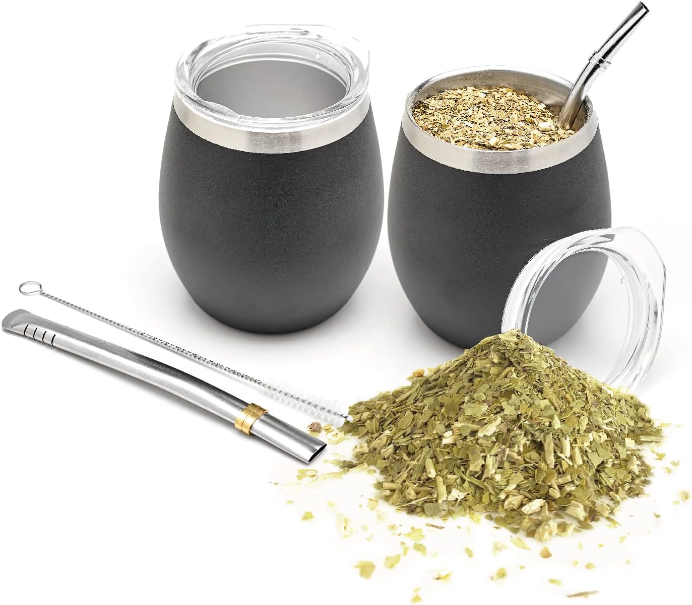BALIBETOV Modern Mate Cup and Bombilla Set (Yerba Mate Cup) -Yerba Mate Set Includes Double Walled 18/8 Stainless Steel Mate Tea Cup, Two Bombilla Mate (Straw) and a Cleaning Brush (Shiny Black, 8 Oz)