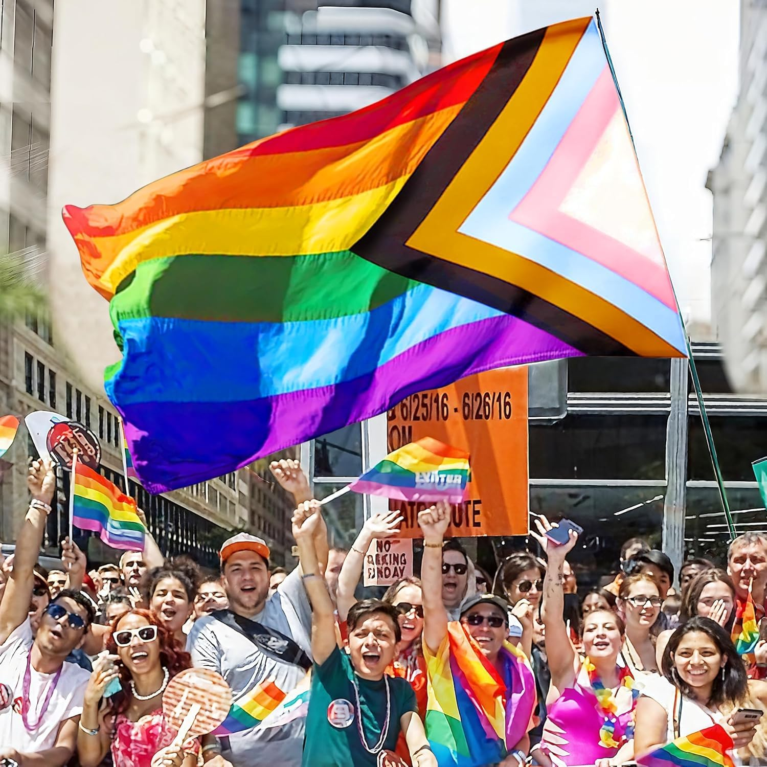 Progress Pride Rainbow Flag,Polyester Thickness,90*150Cm Gay Pride Flag for Gay Pride Parade Support LGBTQ Lesbian Gay Bisexual Transgender Queerfade Resistant, Brass Grommets, Canvas Header, Indoor/Outdoor, Vibrant Colors,Not Fear of Rain and Snow ﻿ image number 6