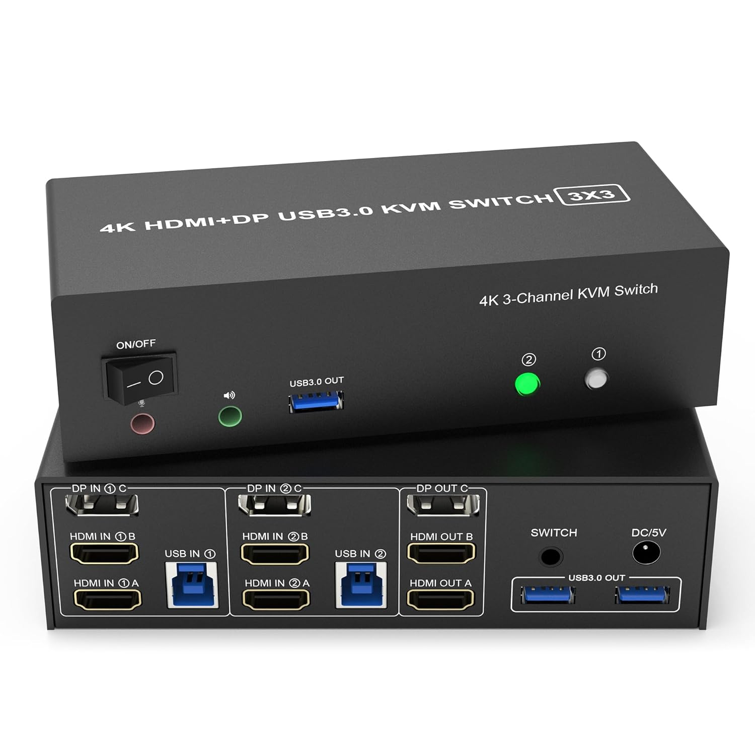 KVM Switch 3 Monitors 2 Computers 4K@60Hz, 2 Hdmi+Displayport KVM Switch Triple Monitor for 2 Computer Share 3 Monitor, Audio Mic Port and 3 USB3.0 Devices, Wired Remote and 5V Power Adapter image number 5