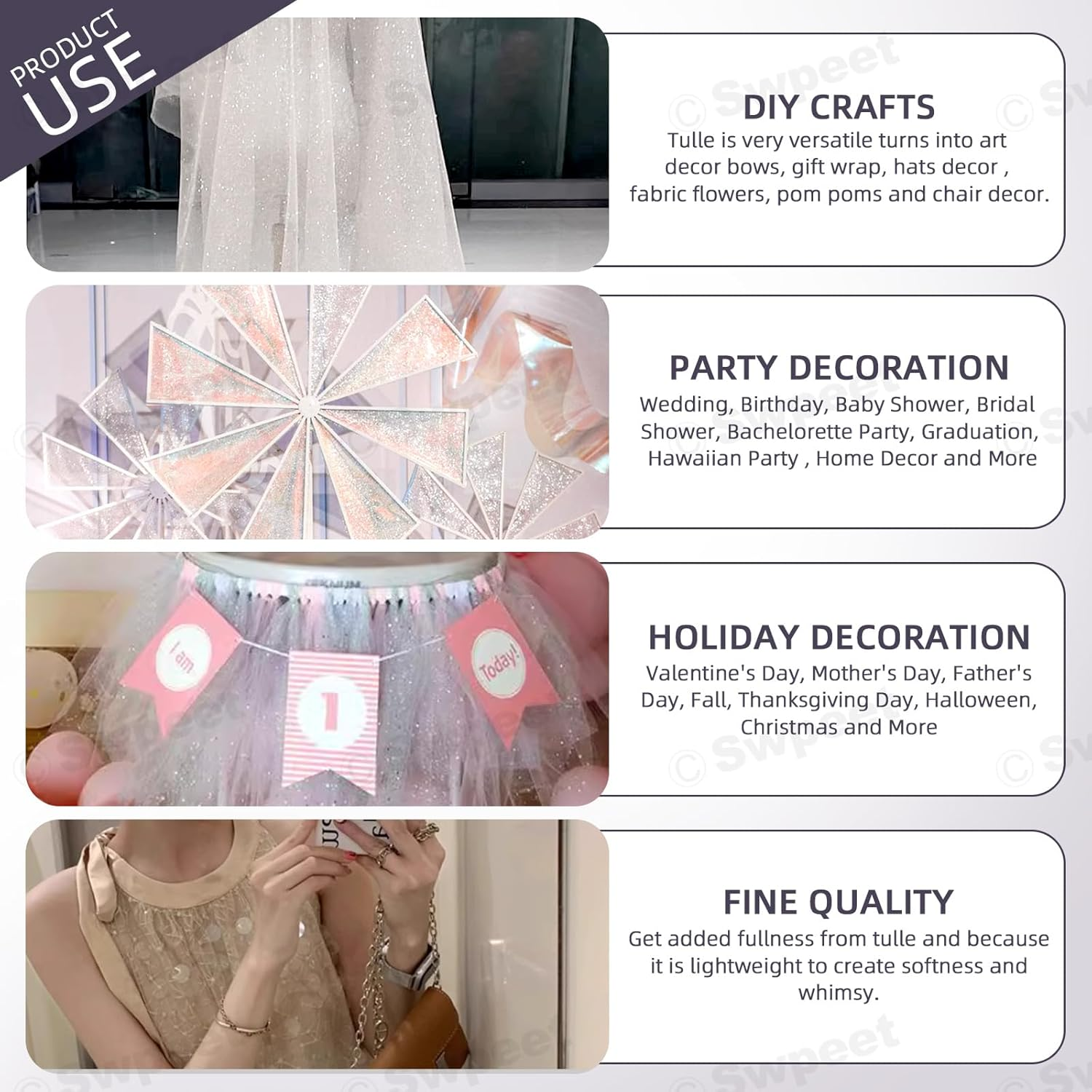 Swpeet 6 Inch by 50 Yards White Glitter Tulle Fabric Roll, Fabric Spool Sparkling Tulle Ribbon, Netting Polyester Spool for DIY Birthday Party Wedding Decorations Christmas Craft Supplies - Black image number 3