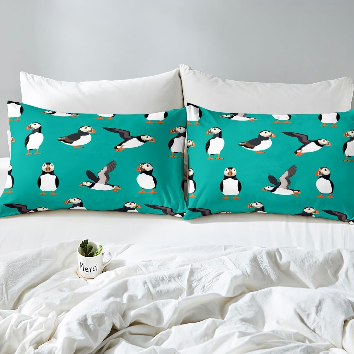 Puffin Bed Sheet Set Twin Size Puffin Bird Drawing Fitted Sheet for Kids Boys Girls Decor Cute Animal Theme Bedding Set Microfiber Polar Animal Bed Cover Bedroom