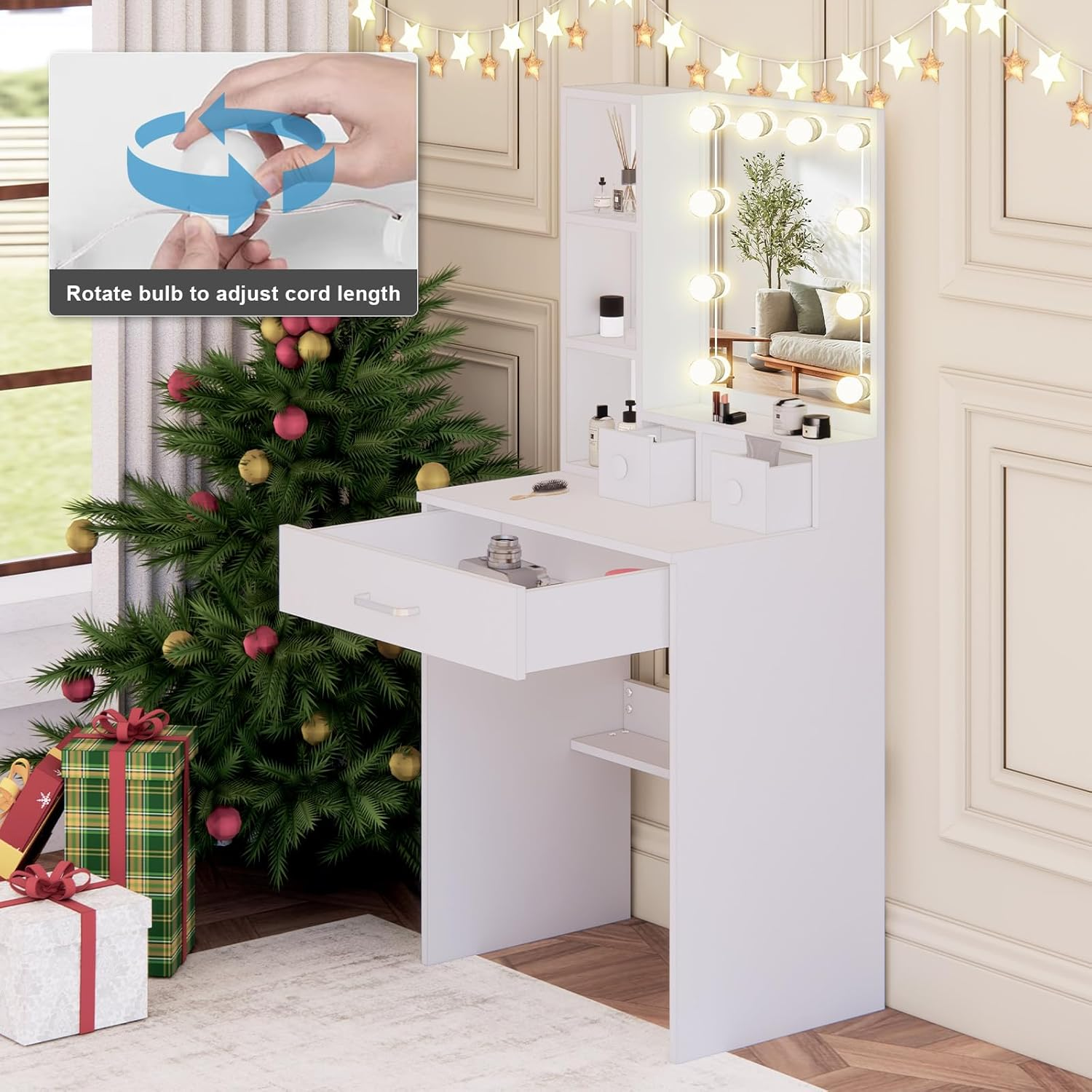 Small Vanity Desk with Mirror and Lights, 60Cm Dressing Table with 10 Dimmable Light Bulbs 3 Color Changing, Girls Makeup Desk Vanity Table White, Compact Vanity for Teens Teenager Bedroom image number 5