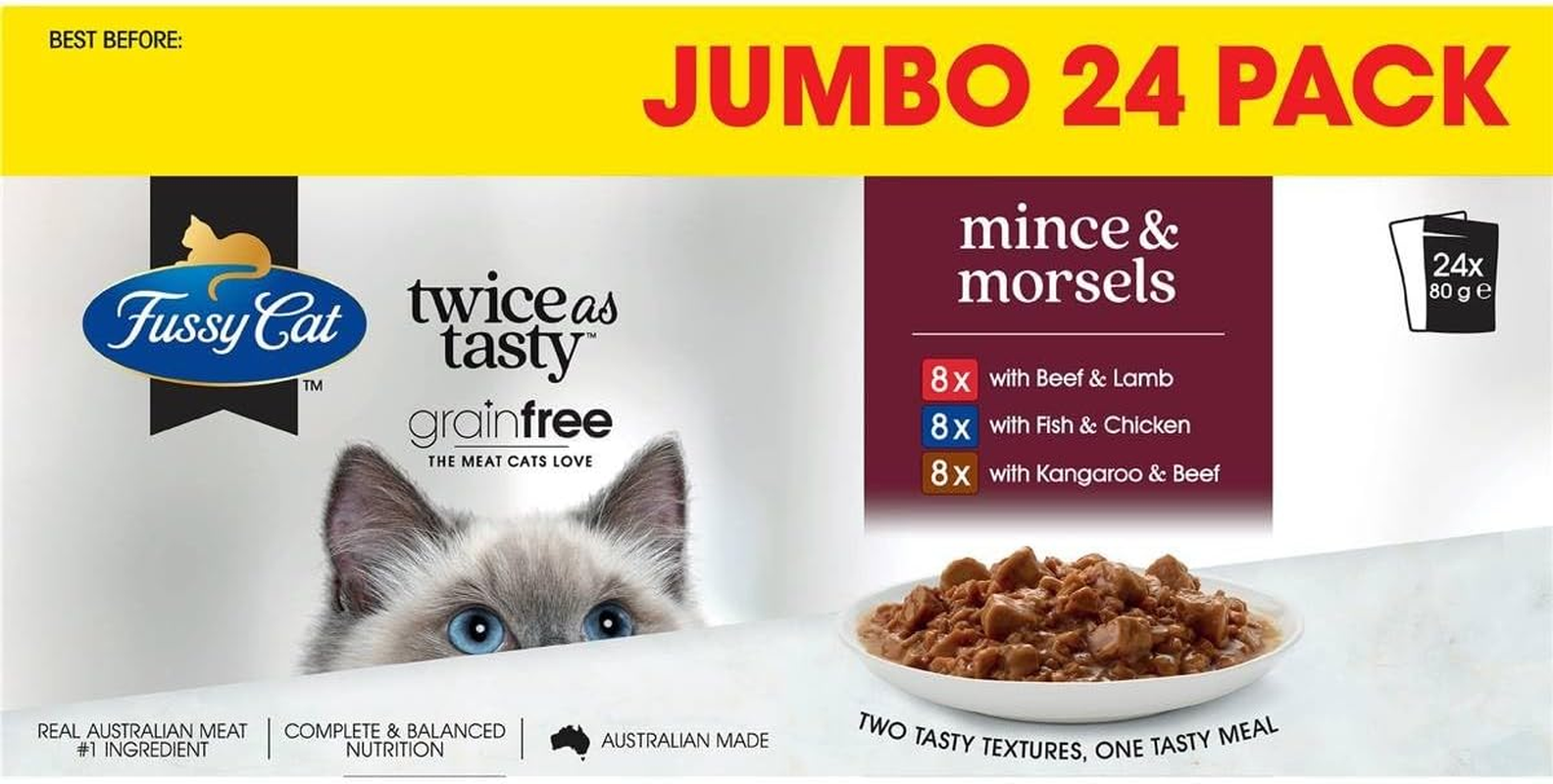 Fussy Cat Grain Free Adult Twice as Tasty Wet Cat Food, Mince & Morsels, 12X80G | Two Tasty Textures, One Irresistible Meal | Real Australian Meat, Grain-Free & Complete Nutrition image number 3