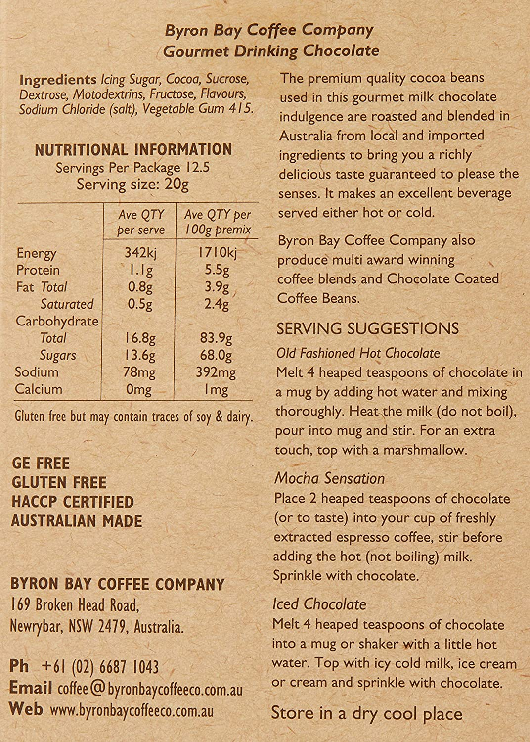 Byron Bay Coffee Company Gourmet Drinking Chocolate, 250 G image number 2