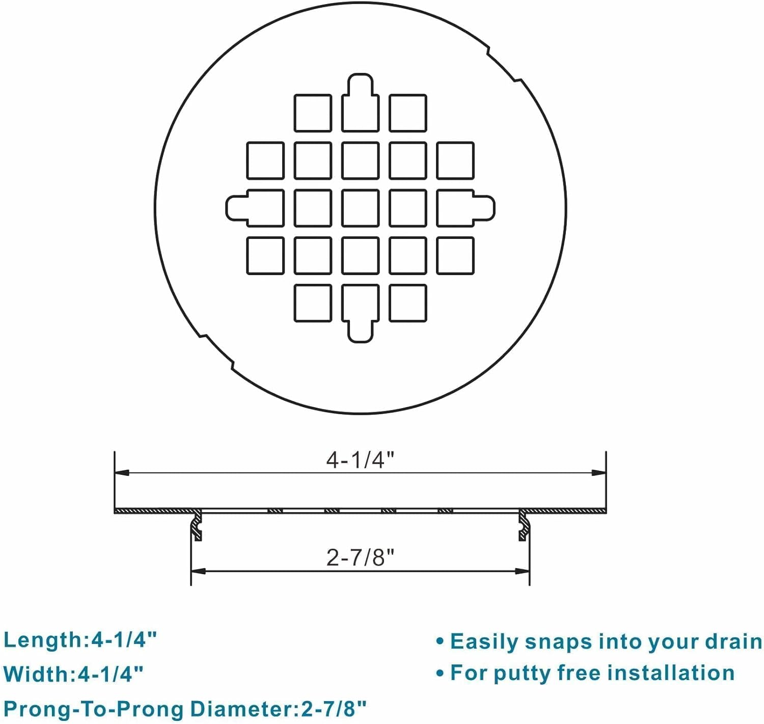 Brushed Nickel 4-1/4" OD Snap-In Shower Drain Cover Replacement, Welsan Stainless Steel round Shower Strainer Grid Easy to Install - Chrome Plated image number 7