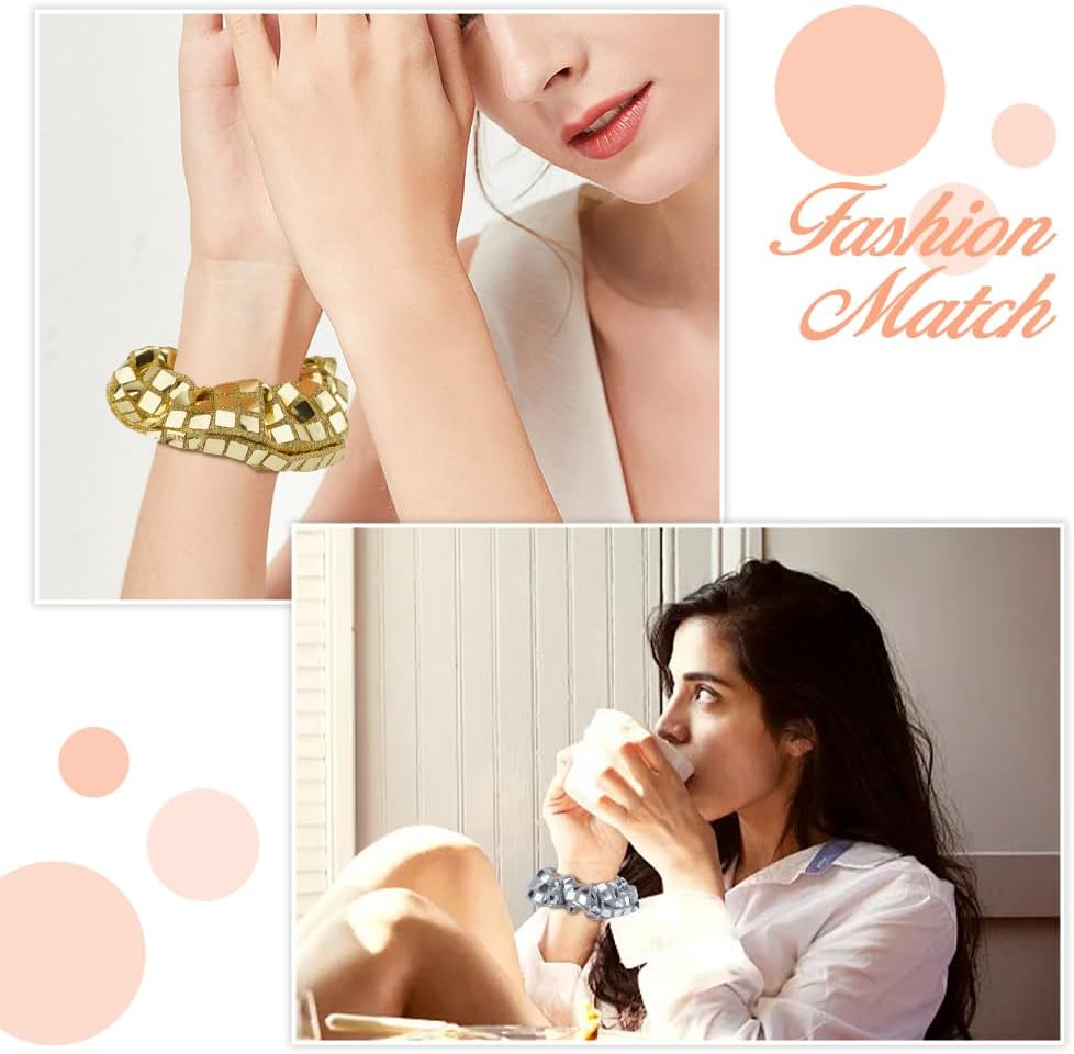 Hobbspring 12Pcs Polyester Scrunchy Hair Ties Plastic Paillette Mirror Disco Sequin Hair Scrunchies Elastics Glitter Silver&Gold Retro Ponytail Holders for Women Bachelorette image number 3