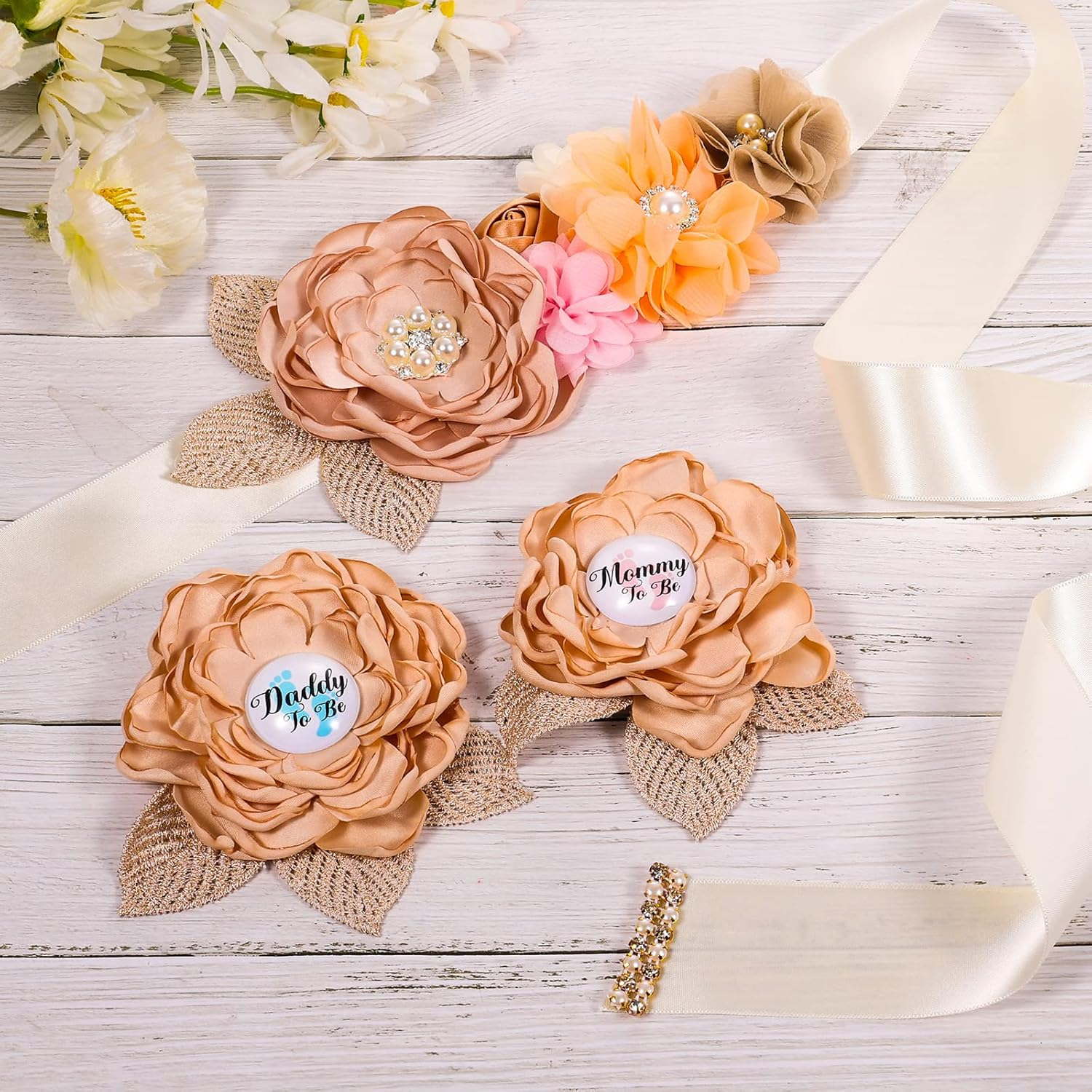 Mommy to Be Sash, Floral Boho Mom to Be Sash for Baby Shower with Mom to Be Corsage Pin Set Light Brown Mom to Be Sash and Pin Pregnancy Sash Boho Baby Shower Decorations for Girl and Boy image number 5