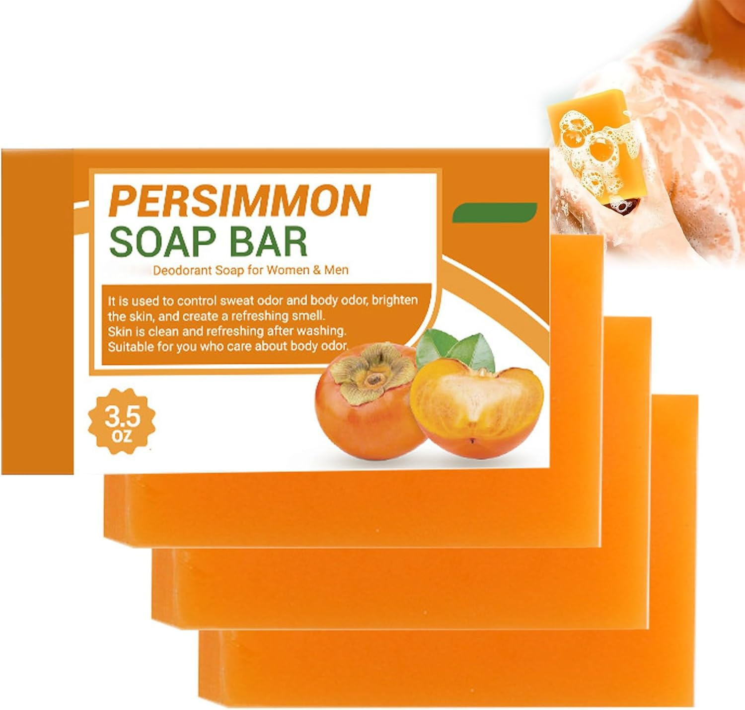 Persimmon Soap Bar for Body Odor, Deodorant Persimmon Bar Soap, Deodorizing Body Wash with Persim/Mon Extract for Eliminating Bo/Dy Odor, Bo/Dy Deeply Cleansing Bar Soap, Hydrating & Skin (1 PCS)