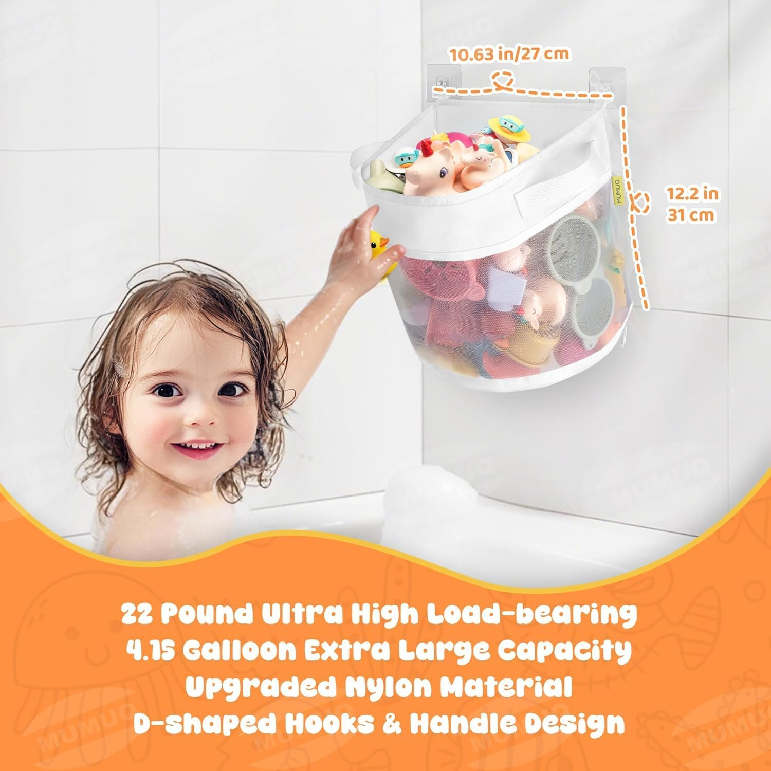 4 Gallons Bath Toy Organizer, Bottom Zipper Bathtub Toy Storage Bag, Quick Access Bath Toy Holder Baby Shower Games Bath Tub Quick Dry Baby Bath Toy Storage Accessory White image number 6