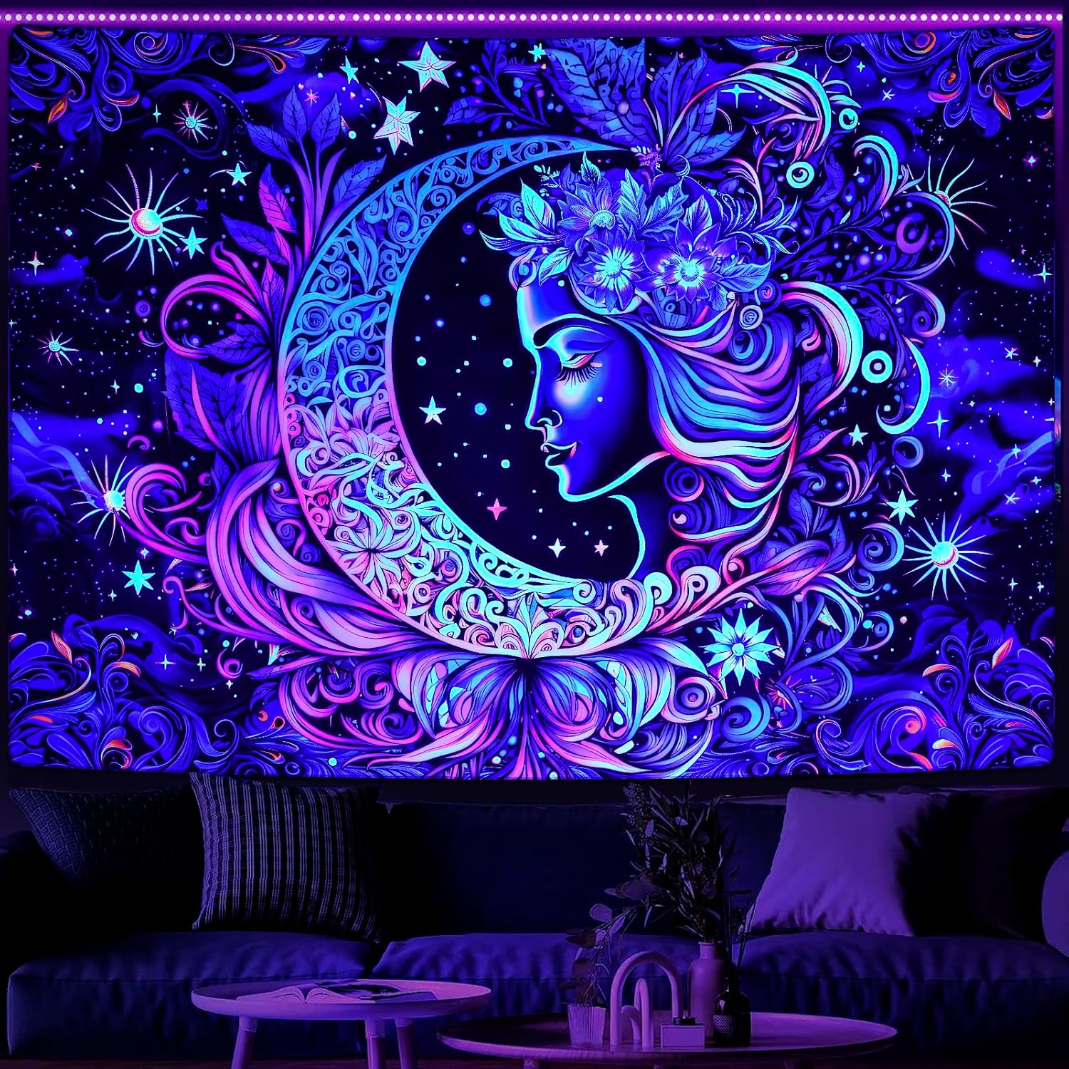 Blacklight Tapestry UV Reactive Moon and Star Mandala Boho Wall Hanging for Bedroom (59.1 X 59.1 Inches) image number 6