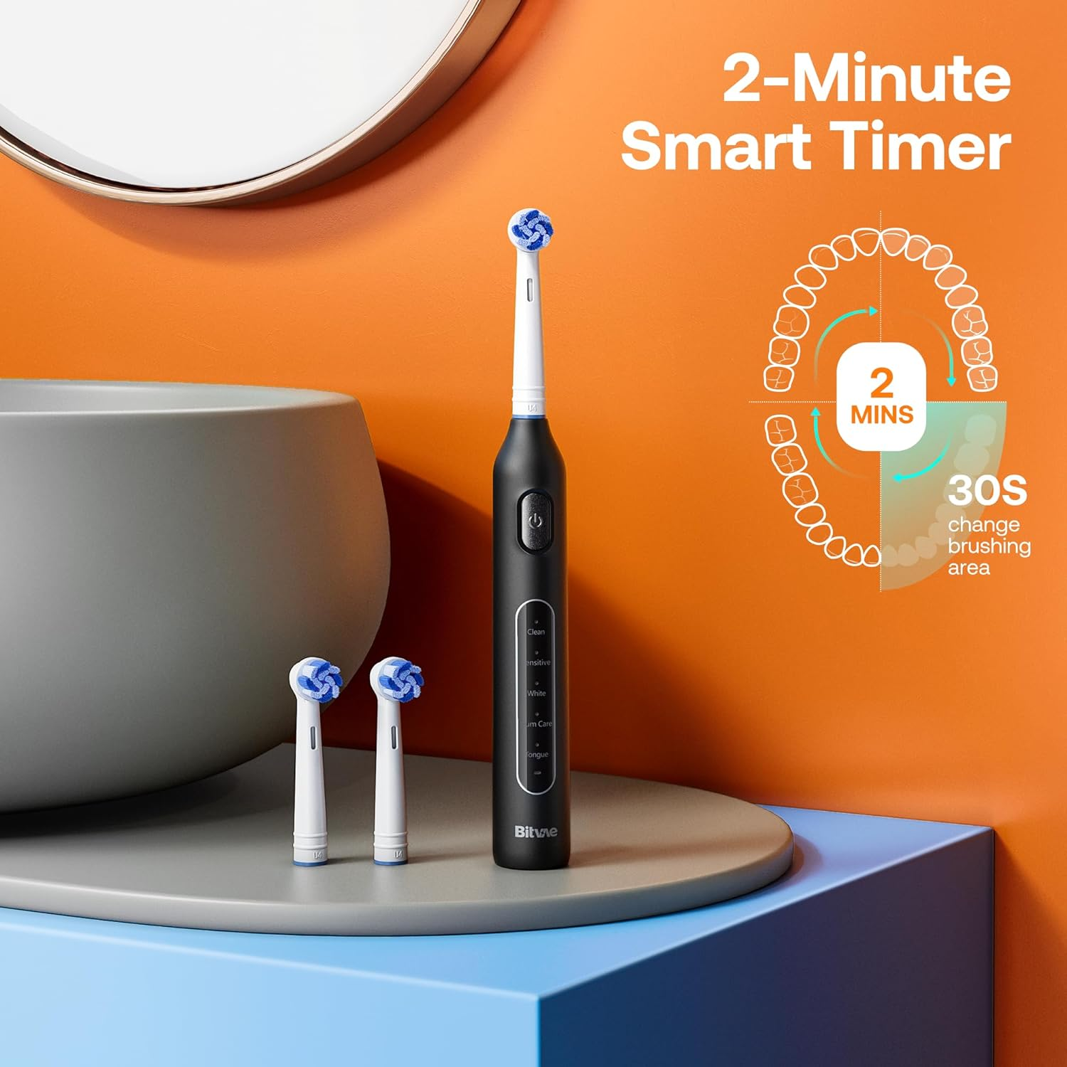 Bitvae R1 Rotating Electric Toothbrush for Adults and Kids, Rechargeable Electric Toothbrush with 60-Day Battery Life, 8 Brush Heads, 5 Modes, 2-Minute Smart Timer, Black - Black  White image number 5