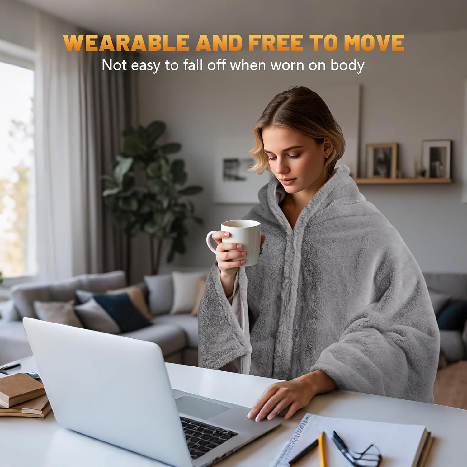 Portable Heated Shawl Travel Throw Blanket, Single Heated Poncho Electric Wraps with 3 Heating Levels & Zipper, Soft Plush Warm Shawl Wearable for Home Office,Usb Charging (No Power),150X80Cm image number 5