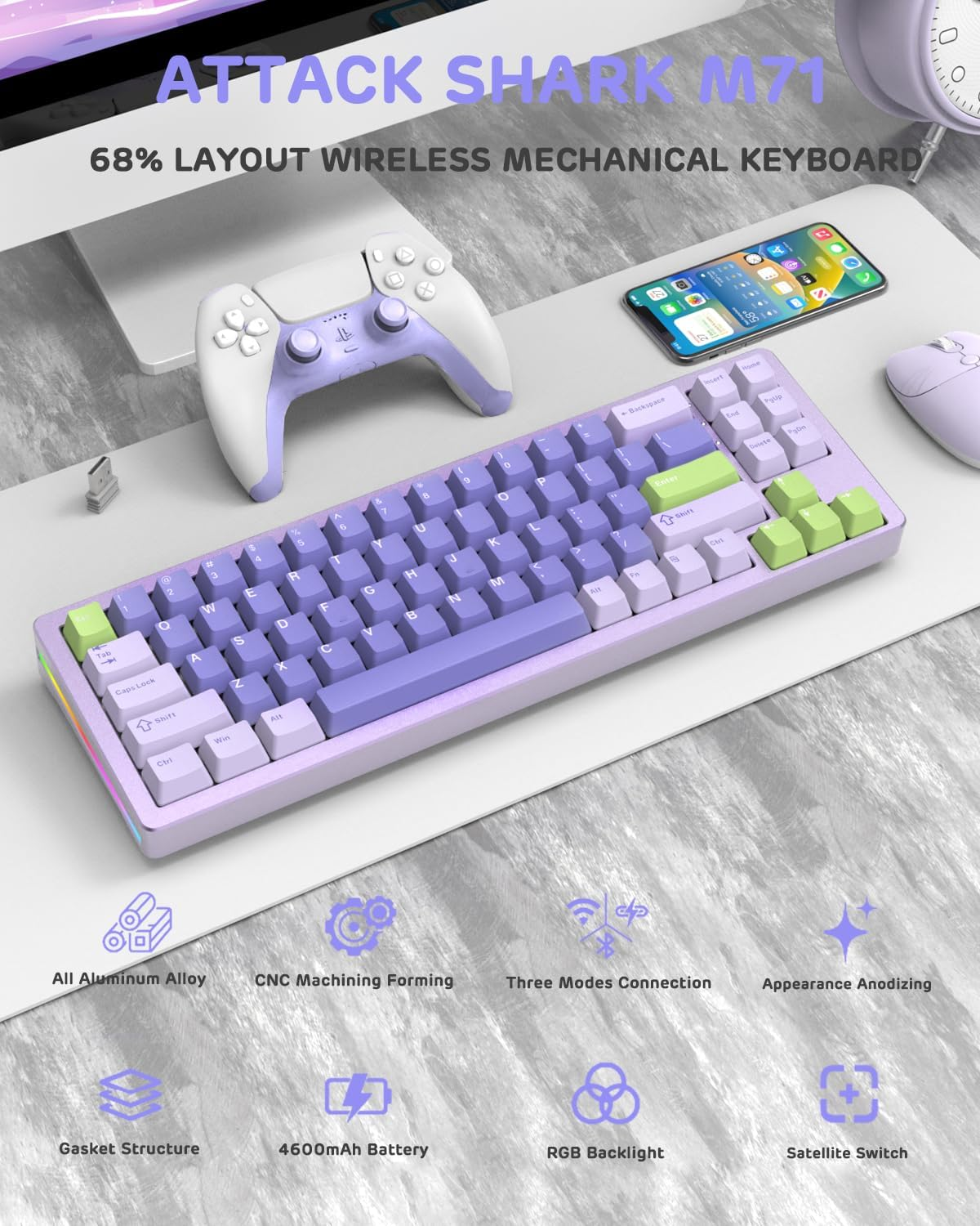 ATTACK SHARK M71 75%TKL Wireless Mechanical Keyboard,Full Aluminum Cnc,Bt5.0/2.4G/Usb-C,Hot-Swap,Rgb LED,NKRO Gaming Keyboard,4600Mah,Pre-Lubed Linear Switch,Custom Gasket Mount for PC Mac/Win(Purple) image number 2