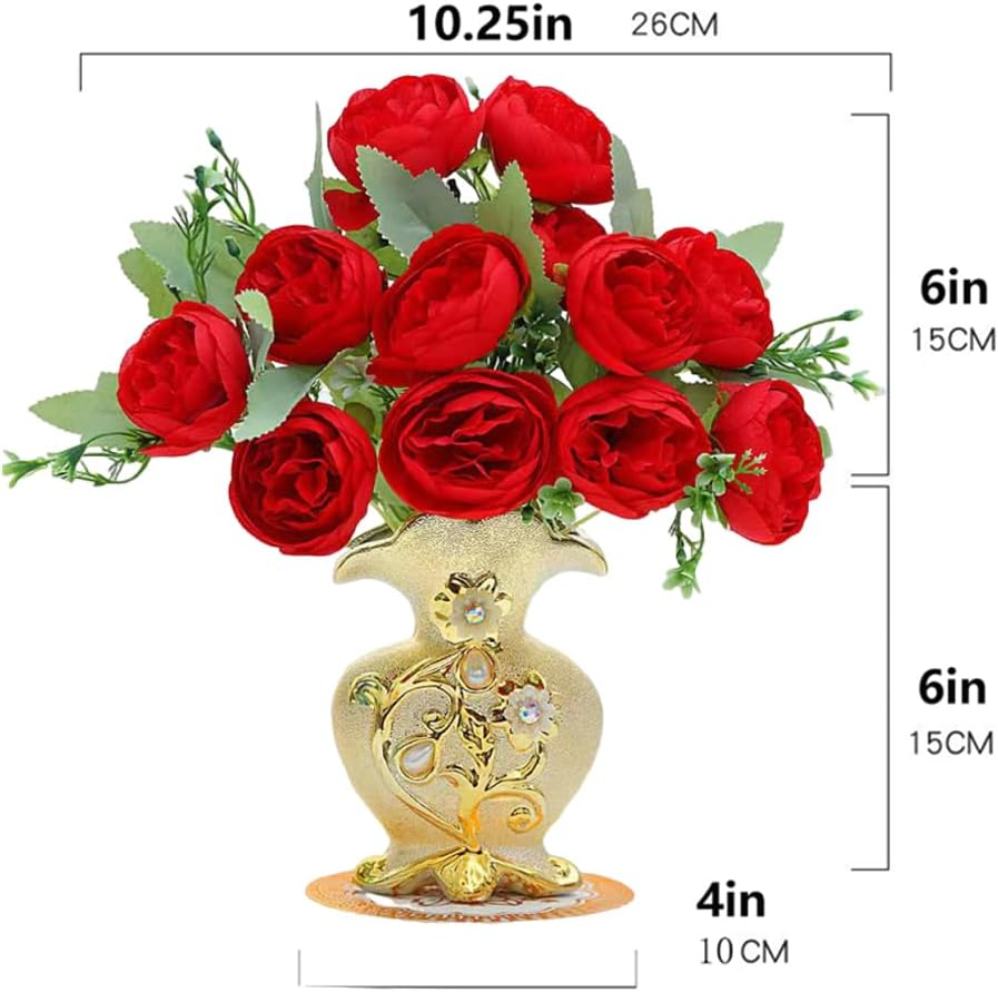 Hbluefat Fake Flowers in Vase,Mini Artificial Flower with Golden Ceramic Vase,Small Silk Roes Faux Flower Arrangements for Home Office Dining Table Centerpiece Coffee Table Decor (B Style,Red-Bud) - B Style,Red-Bud image number 2