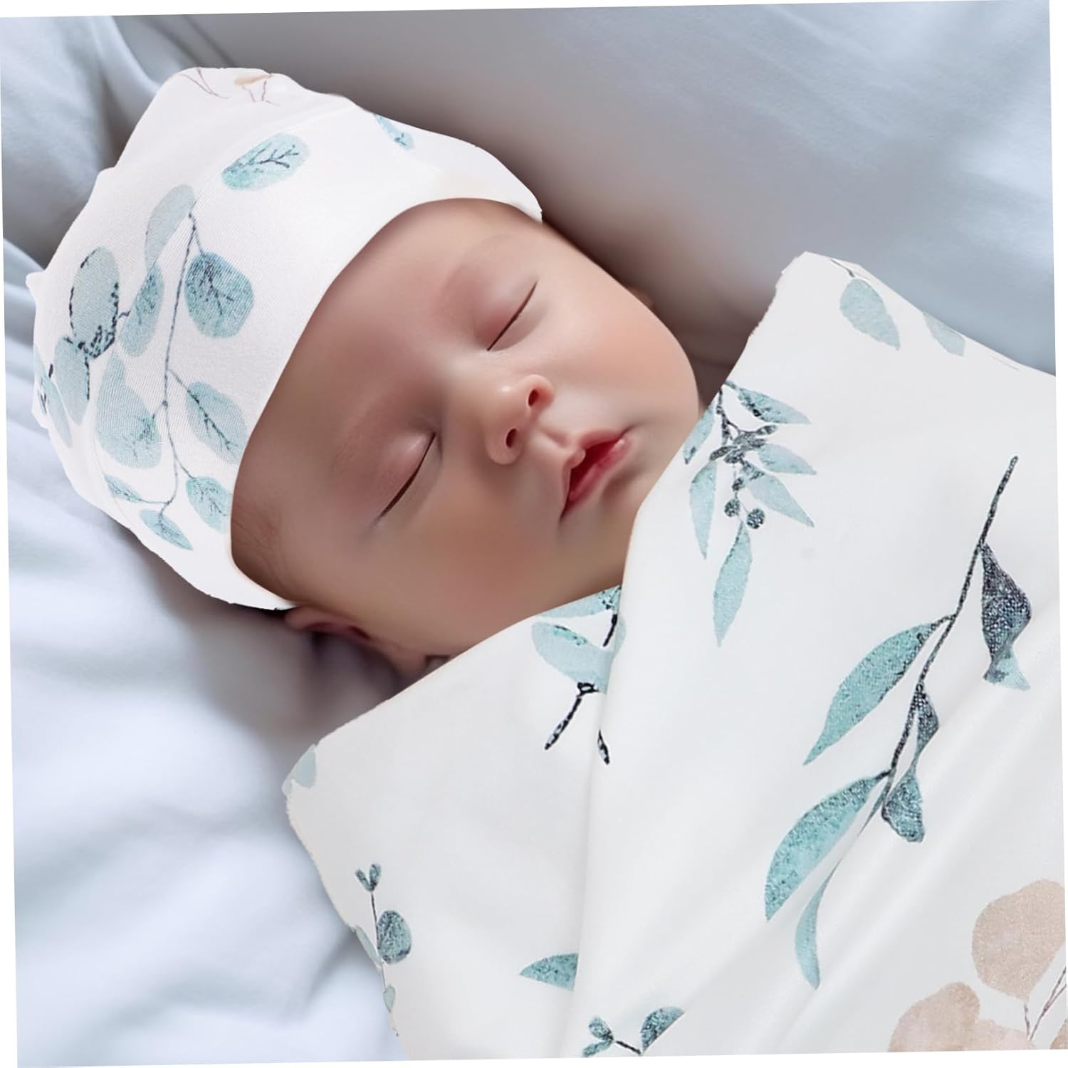 Newborn Swaddle Blanket with Hat Headband Soft Polyester Boy Girl Receiving Blanket with Name Sign Eucalyptus Leaves Design for Photography And image number 4