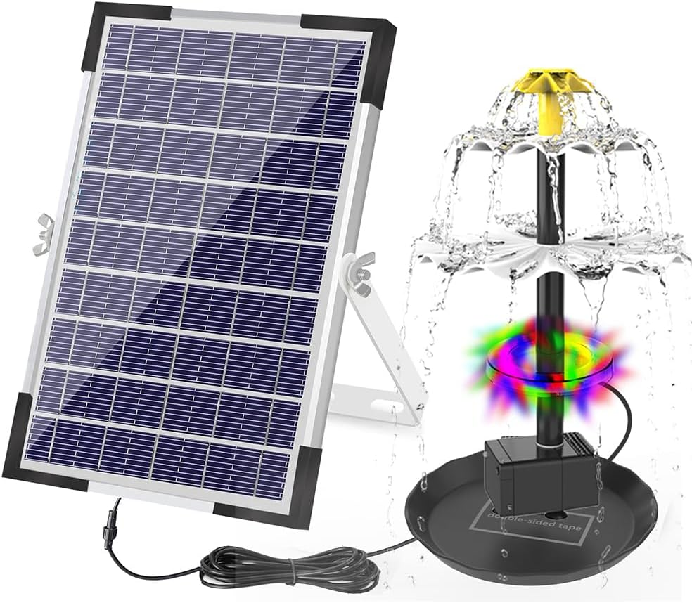 6W Solar Fountain Pump for Bird Bath with 12 LED Lights 9 Nozzles Built-In 1500Mah Battery Solar Powered Water Fountain Pump for Garden Pond Pool Fish Tank Aquarium and Outdoor Black BSV-SP006L image number 2