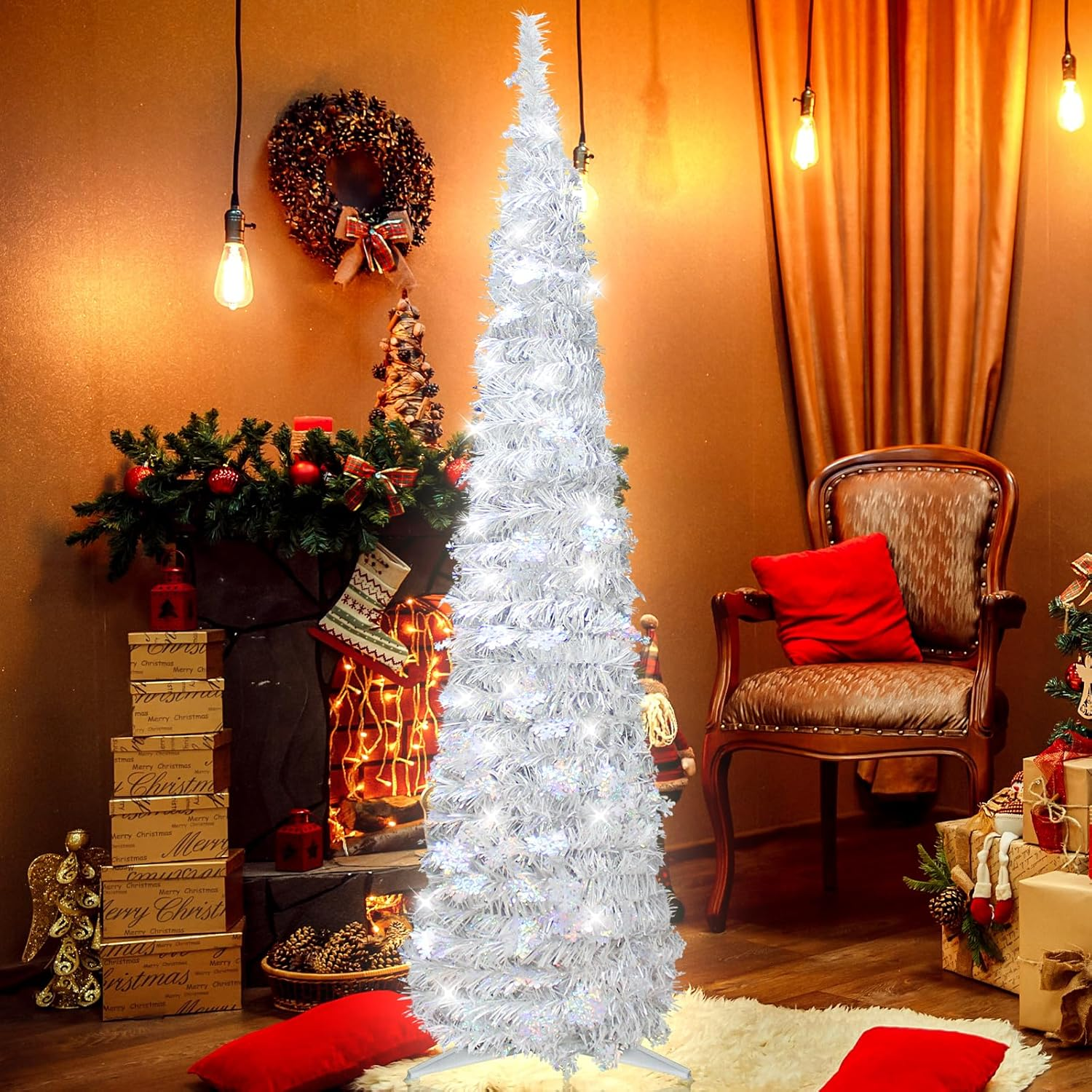 5FT Pop up Christmas Tree for Indoor Decoration Pre-Lit Mini Christmas Tree with 60 Lights, Silver White Artificial Pencil Tree Collapsible Tinsel Lighted up Christmas Tree with Snowflake Glitter image number 1
