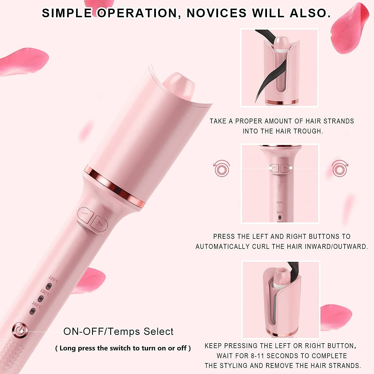 Automatic Curling Iron, Professional Automatic Hair Curler with 1" Curling Iron Large Slot & Adjustable 3 Temperature, Dual Voltage Rotating Curling Iron with Auto Shut-Off for Long Short Hair Styling (Pink) image number 4