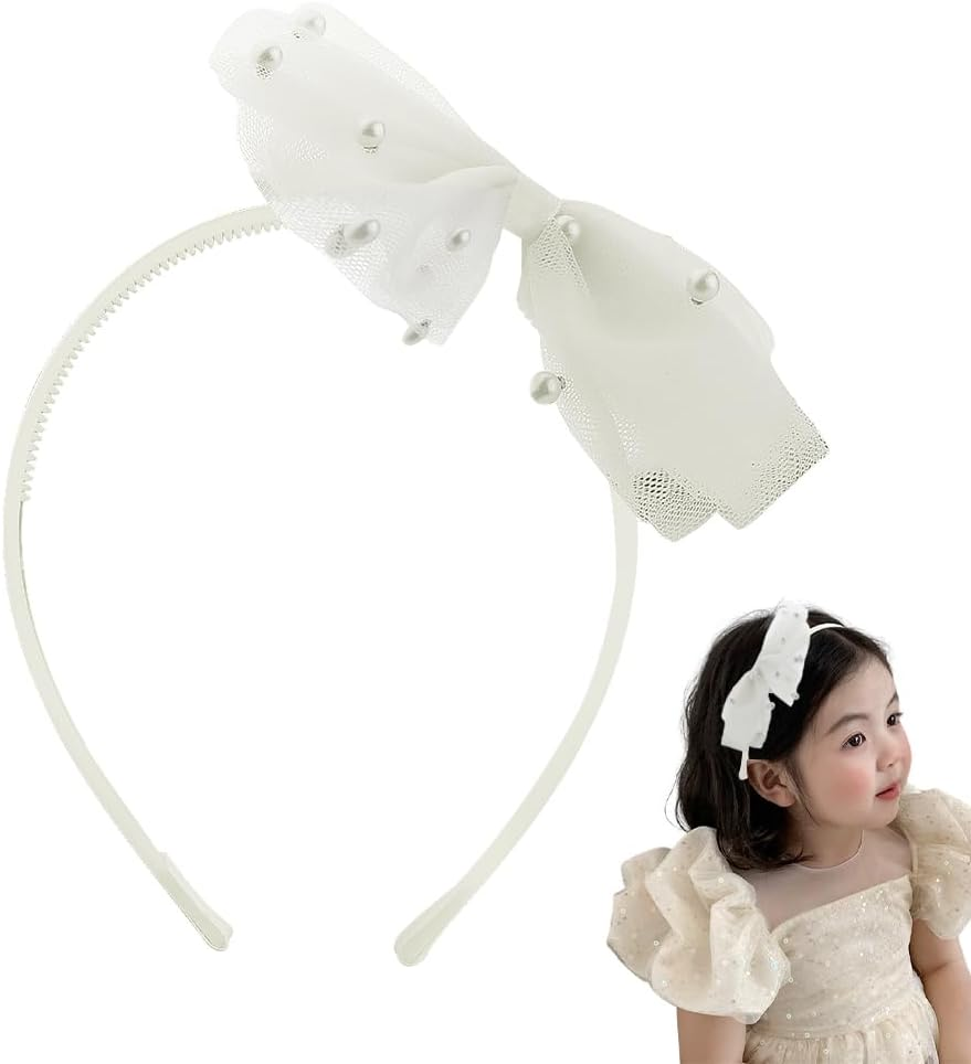 Beige Bow Headband with Pearl for Toddlers Girls Lace Veil Bowknot Hair Hoop Hairband for Girls Hair Bow Accessories Thin Adjustable Headbands No Teeth Big Knotted Bow Hair Band for Kids Girls Women image number 2