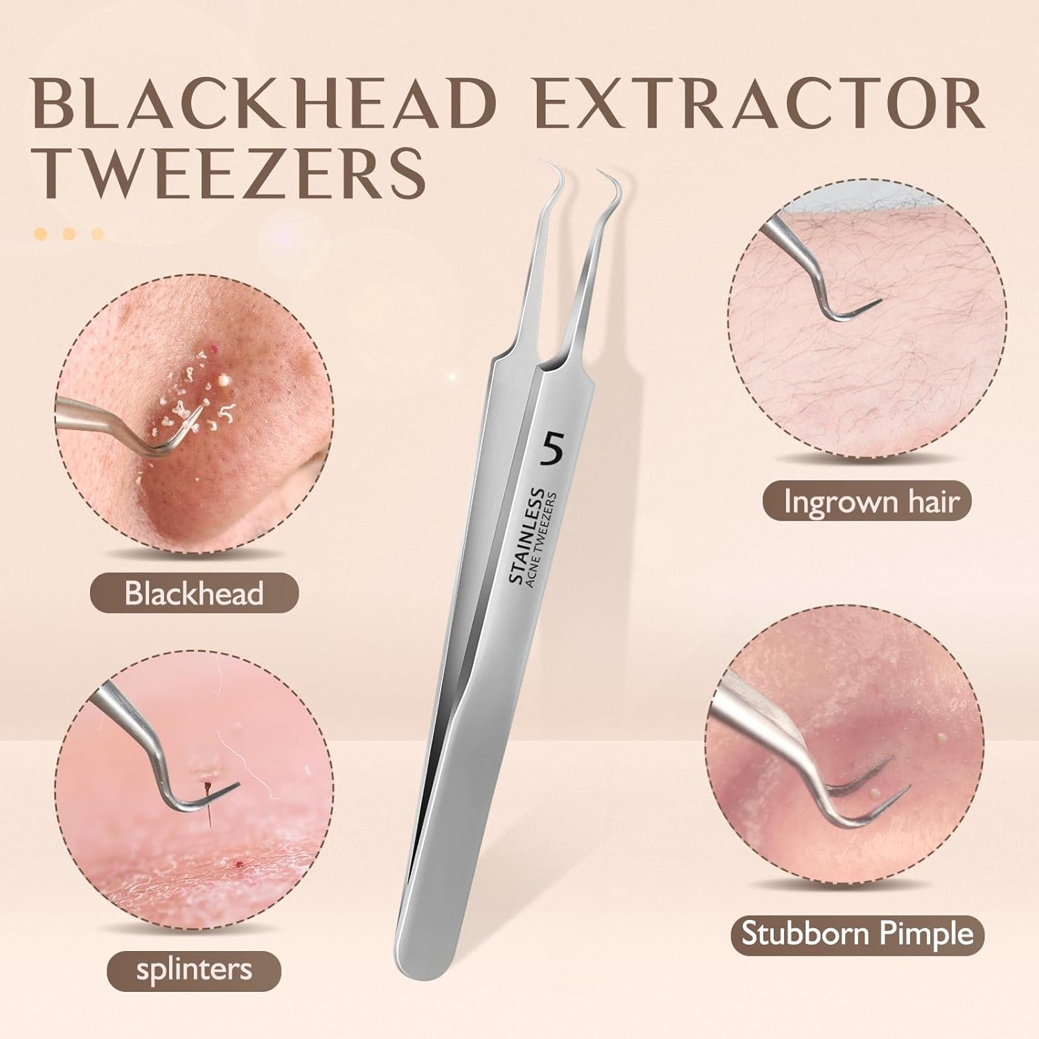 WSYUB Blackhead Tweezers, Pimple Popper Tool Kit, Blackhead Extractor,Ingrown Hair Tweezers, Blemish and Blackhead Removal Tools image number 5