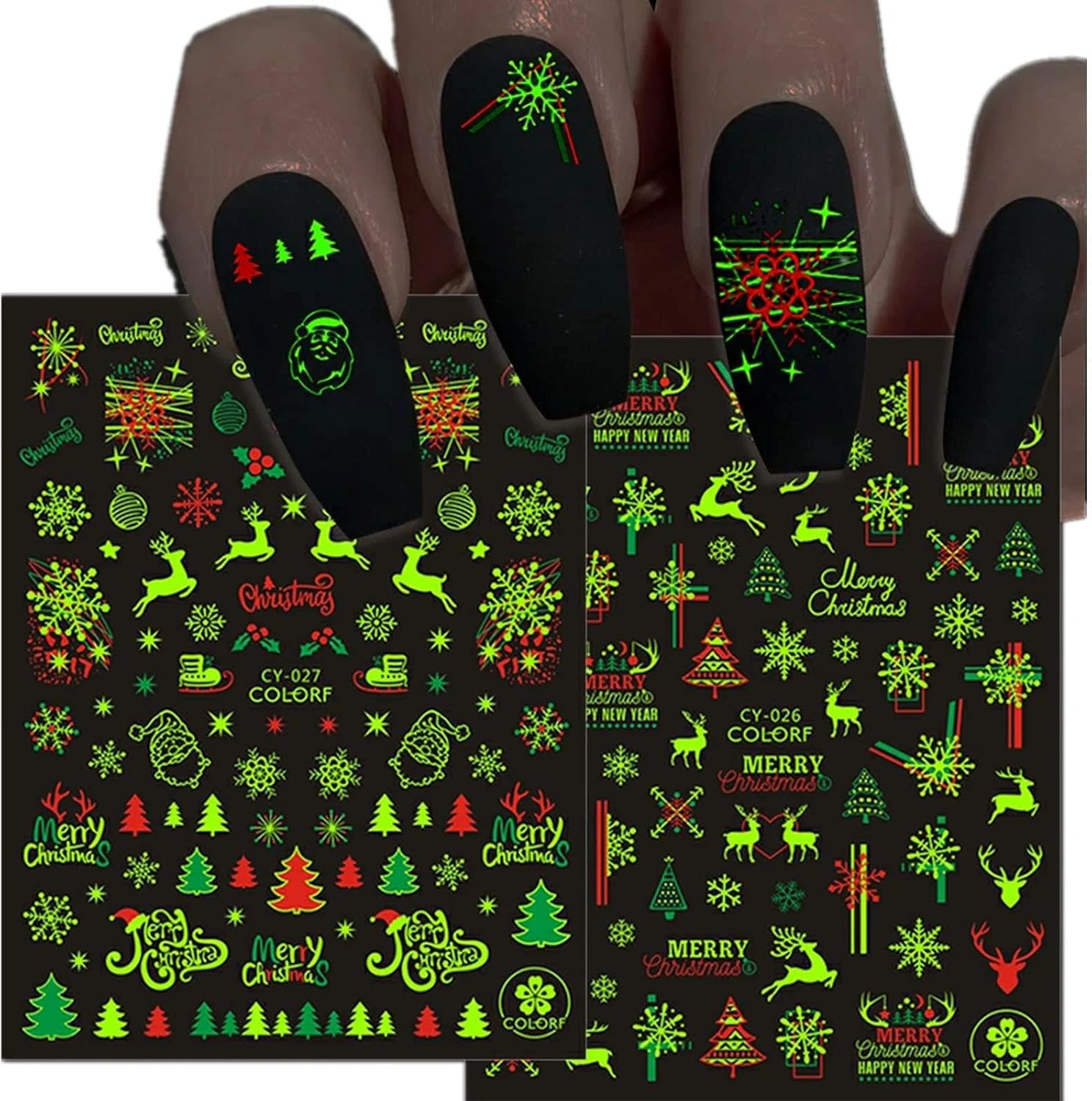 Luminous Christmas Nail Stickers, Glow in the Dark Nail Art Designs for Festive Nails, 3D Self-Adhesive Nail Decals for Women and Girls - 9 Sheets, Abvian image number 5
