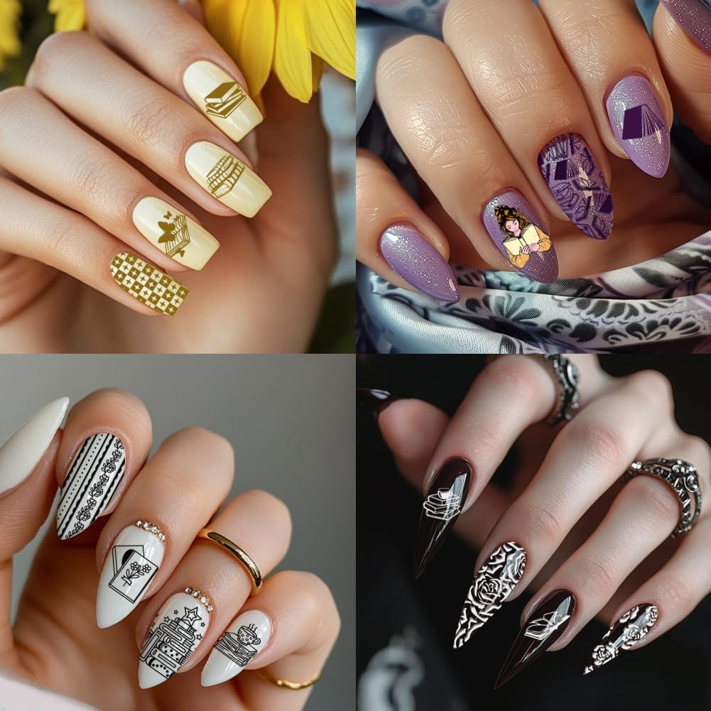 PH Pandahall 3Pcs Reading Book Nail Stamp Plate Book-Lover Theme Nail Art Templates Stainless Steel Image Plates Owl Flower Art Stencils for Back to School 4.7X2.3 Inch image number 2