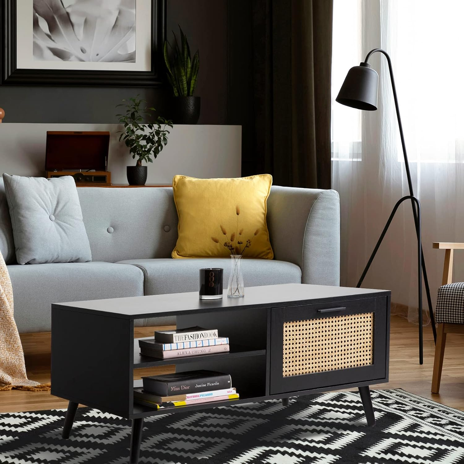 Casa Decor Coffee Table Tulum Rattan Practical Storage Space 2 Shelves Drawer Sturdy Durable Living Room Furniture (Black) image number 5