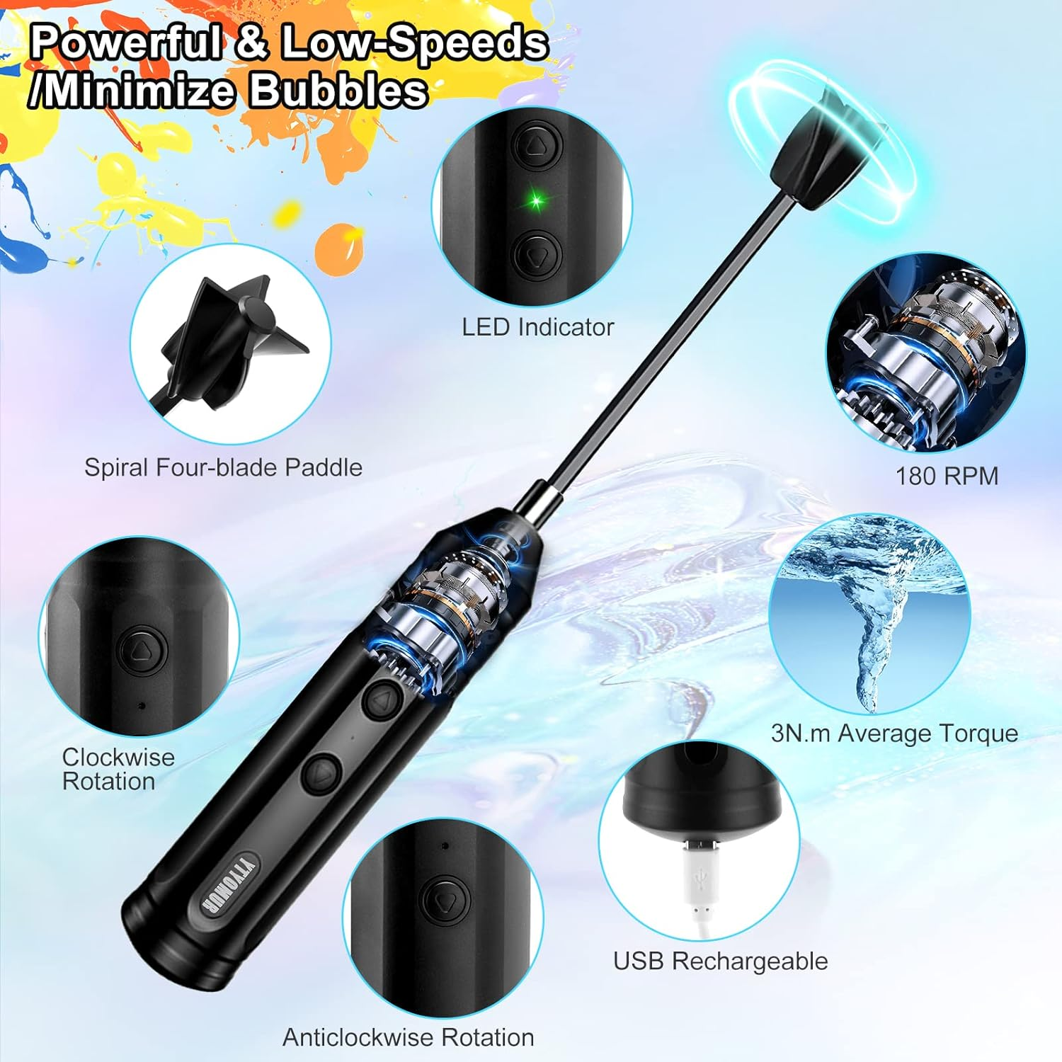 Epoxy Resin Mixer with 2 PCS Epoxy Mixer Paddles, Rechargeable Powerful and Slow Motor for Epoxy Resin, Silicone, Paint Mixing, without Bubbles DIY Crafts Tumbler Jewelry Resin Casting