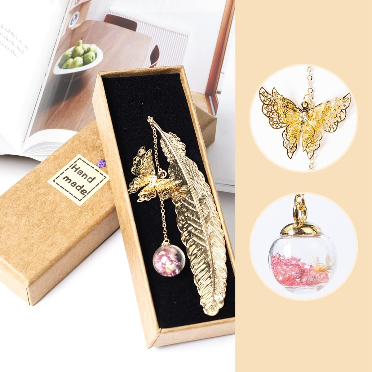 Metal Feather Bookmark with 3D Butterfly and Glass Bead Pendant, Exquisite Bookmark Book Marker for Book Lover, Teachers, Friends, Grandma, Woman and Kids (Silver Feather Pink Ball White F) - Golden Feather Bell image number 6