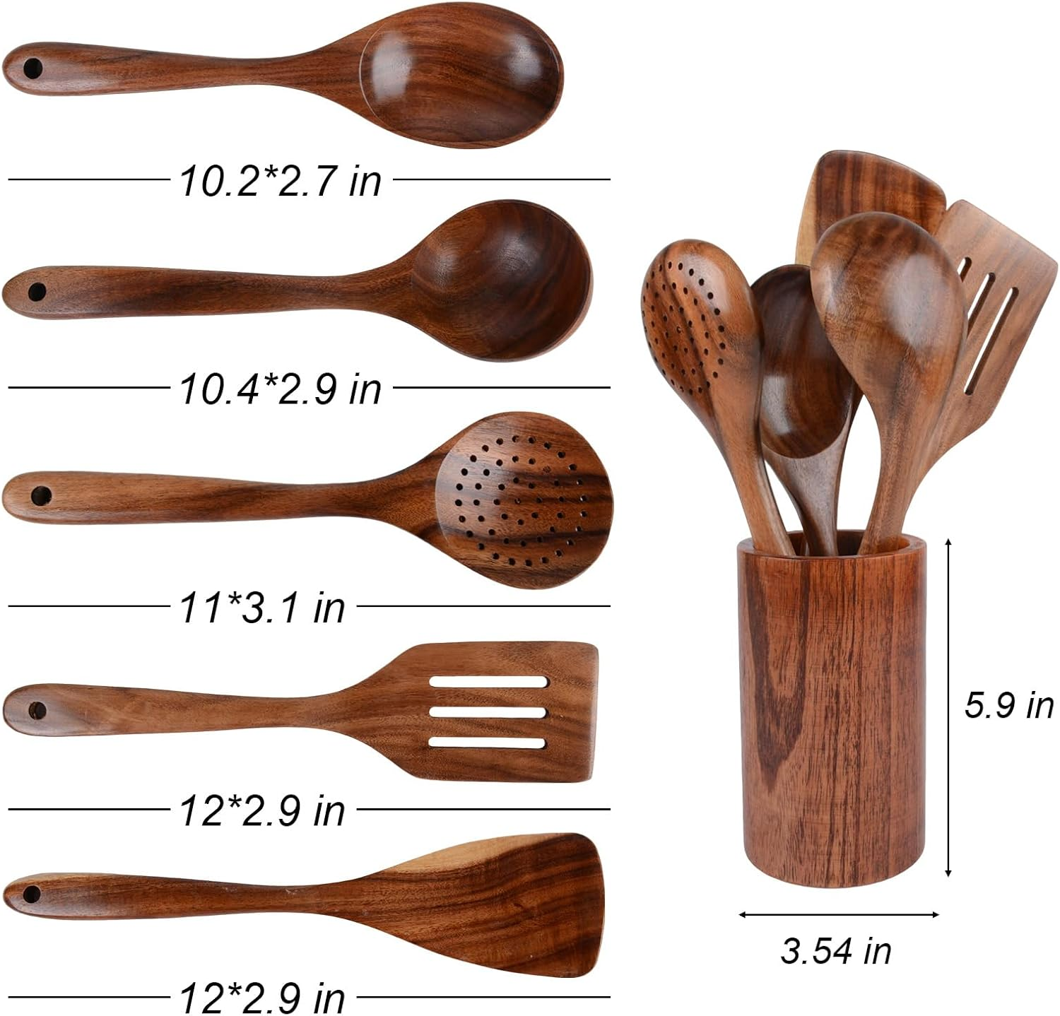 6 Piece Natural Acacia Wooden Kitchen Utensil Set, Comfortable Grip Cooking Spoons & Tools Includes Wooden Spatula Spoon and Utensils Holder