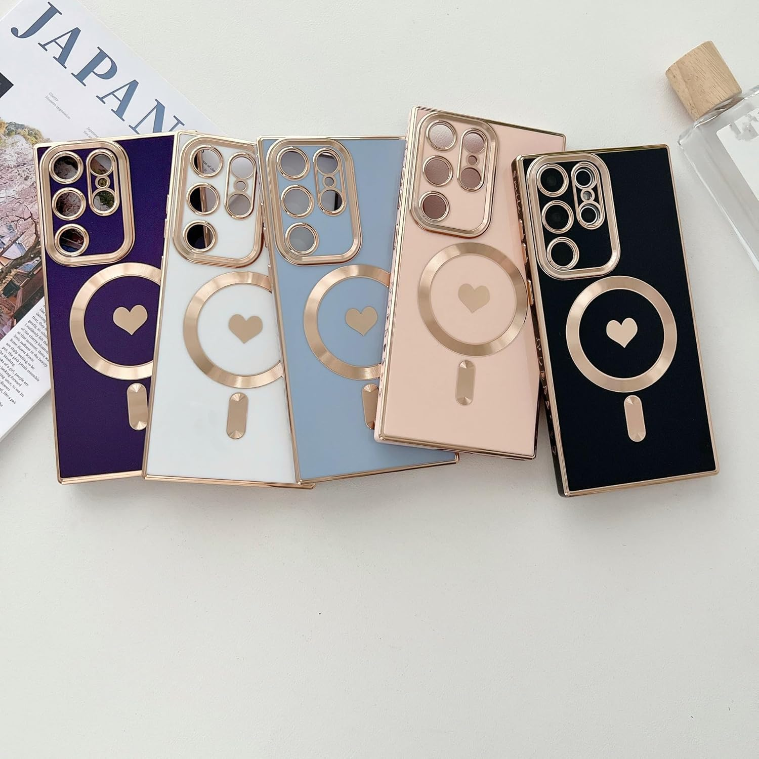 Magnetic for Samsung Galaxy S24 Ultra Case [Compatible with Magsafe] Cute Love Heart Luxury Plating Gold Edge Bumper,Built-In Camera Lens Protector,Shockproof Soft TPU Protective Cover-Black(6.8")