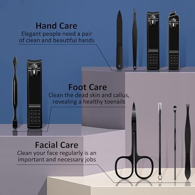 Manicure Set, 10 Pcs Nail Kit, Black Professional Manicure Pedicure Kit, Grooming Kit, Men'S Nail Clipper Sets, Stainless Steel Nail Cutter Tools with Luxurious Travel Leather Case image number 6