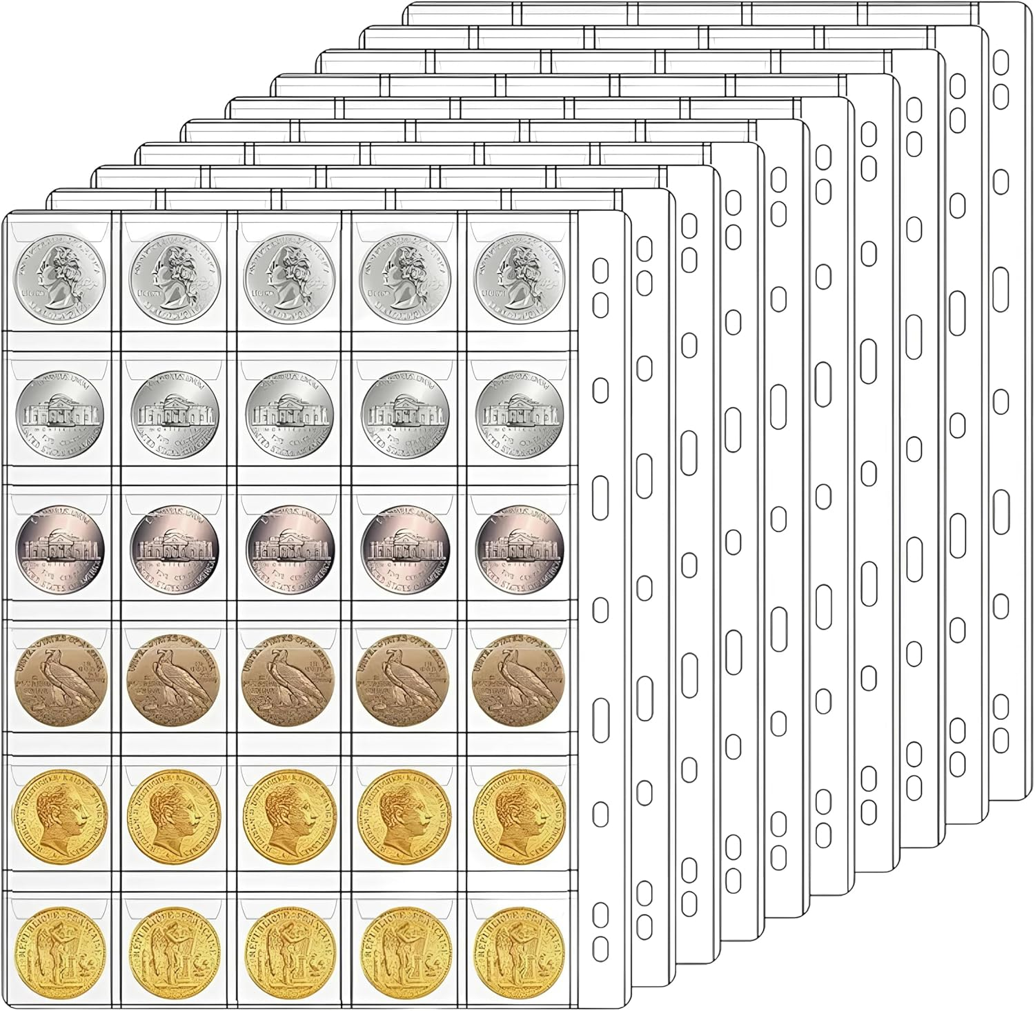 EZONEDEAL 30-Pocket Coin Pages for Collectors, Standard 9-Hole Coin Collection Pages Fit Most Binder, Coin Collecting Supplies, Coin Sleeves for Coin, Stamp, Badges Etc image number 1