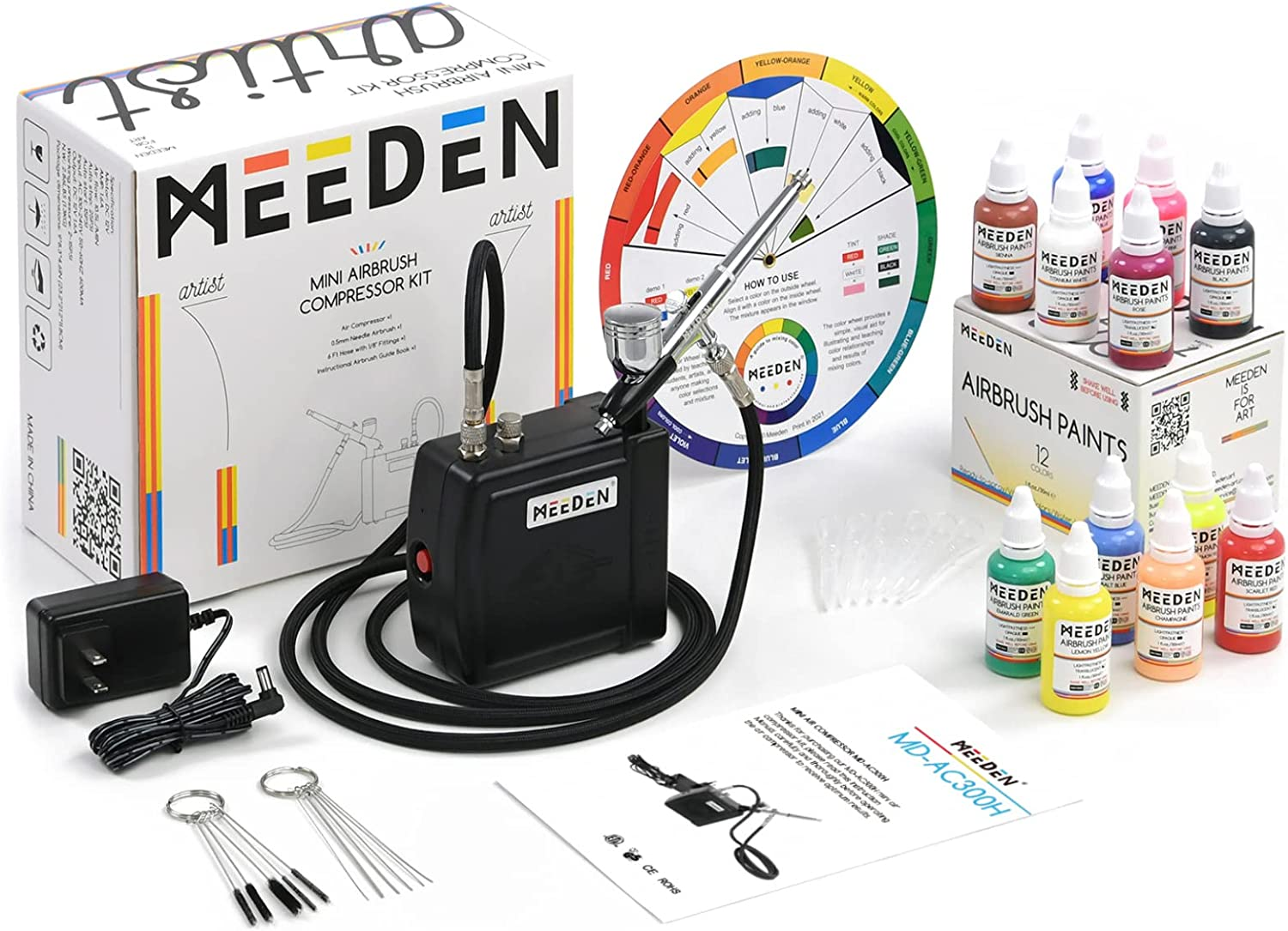 MEEDEN Airbrush Compressor Set for Beginners - Dual-Action Gravity Feed 0.5Mm Airbrush - Multi-Function Airbrush Set with Cleaning Kit for Modeling