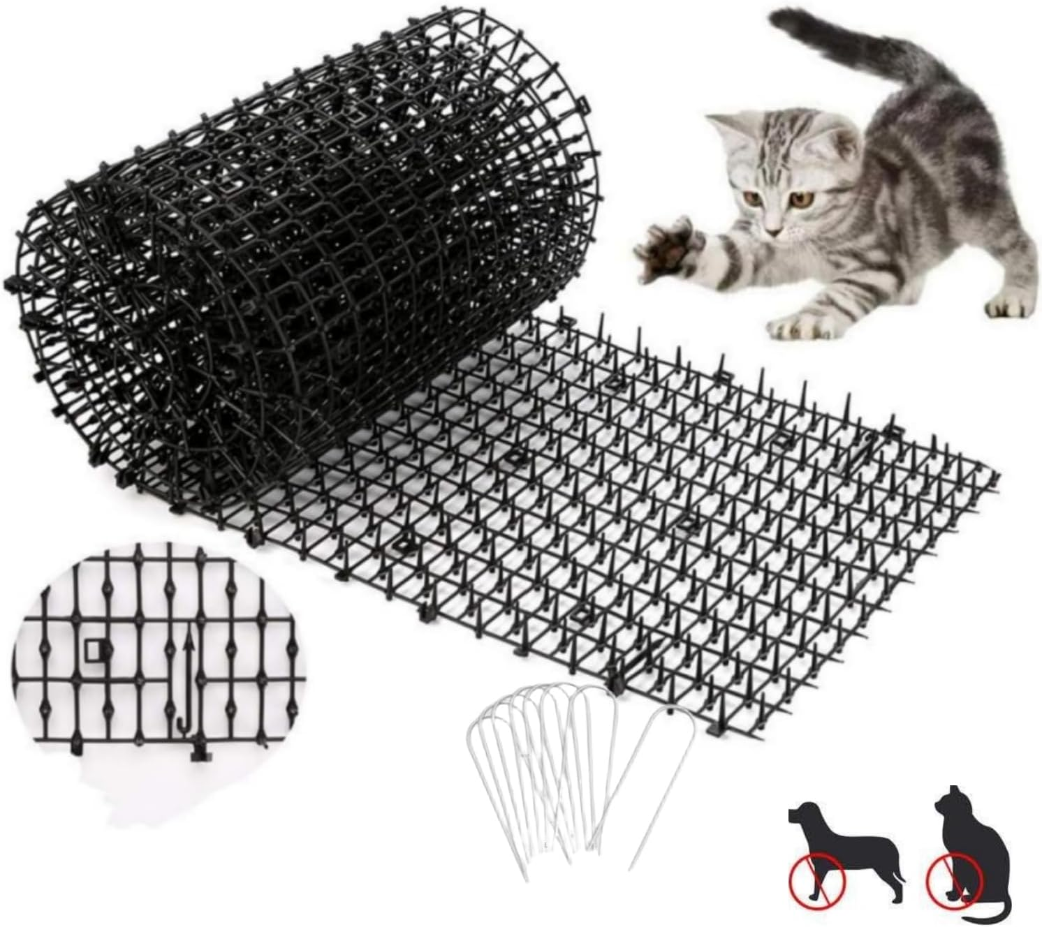6.6 FT Cat Scat Mat with Spikes Black Cat Deterrent Mats Plastic Scat Mat for Cats Includes 8 U Nails