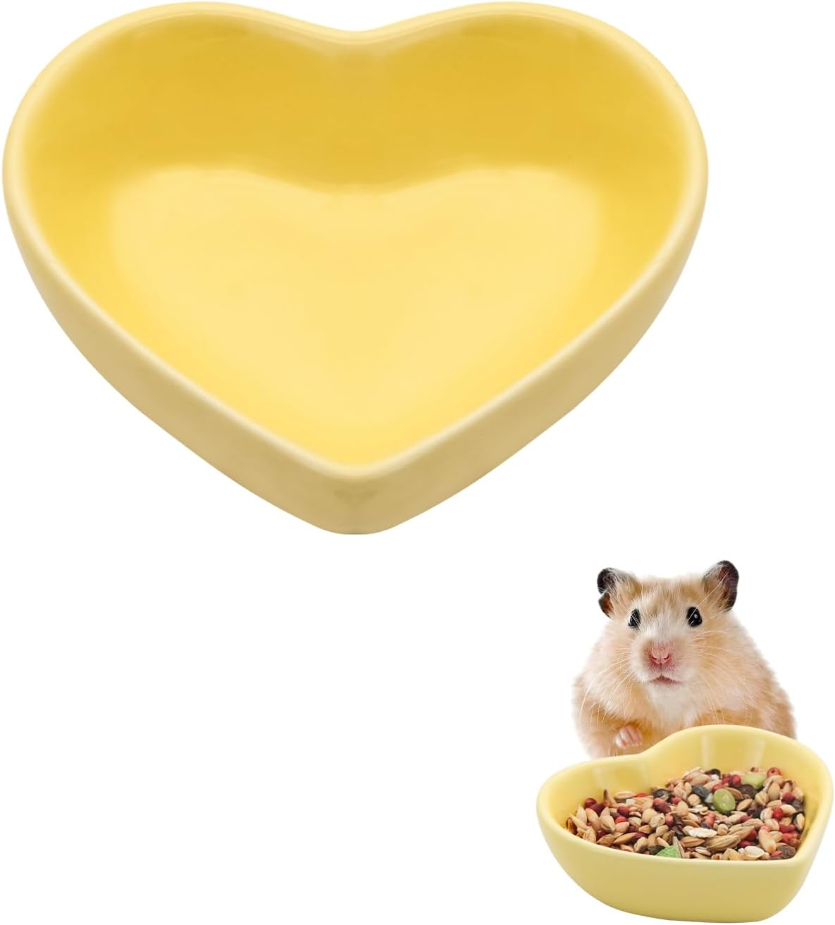 Luckyopt Hamster Bowl, Ceramic Heart-Shaped Pet Bowl Hamster Food Bowl, Washable Small Animal Bowl Hamster Water Bowl for Hamster, Guinea Pig, Gerbil, Hedgehog, Chinchilla, Parrot (Yellow)
