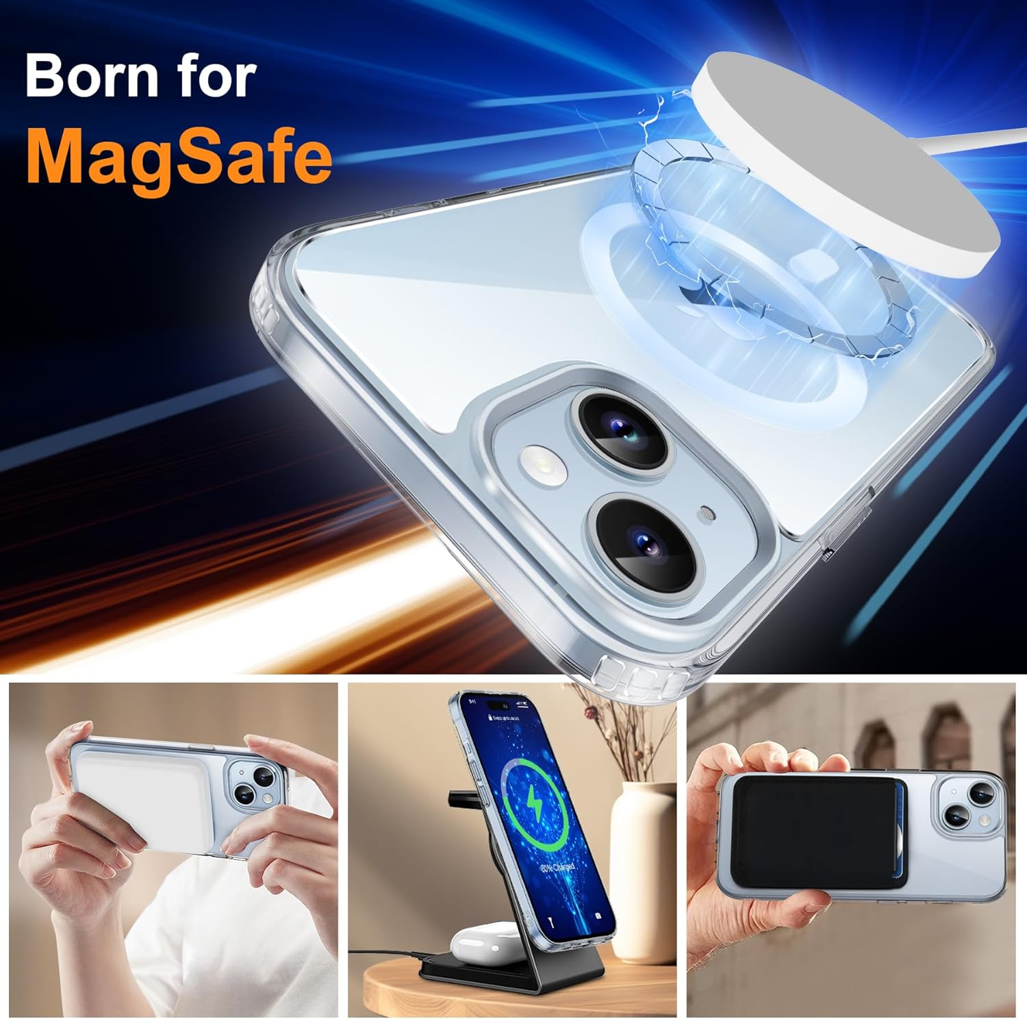 ORETECH Magnetic for Iphone 14 Case,Iphone 13 Case with [2X Screen Protector] Compatible with Magsafe Wireless Charging Protective Shockproof Military Protection Clear Back Case,Clear image number 5