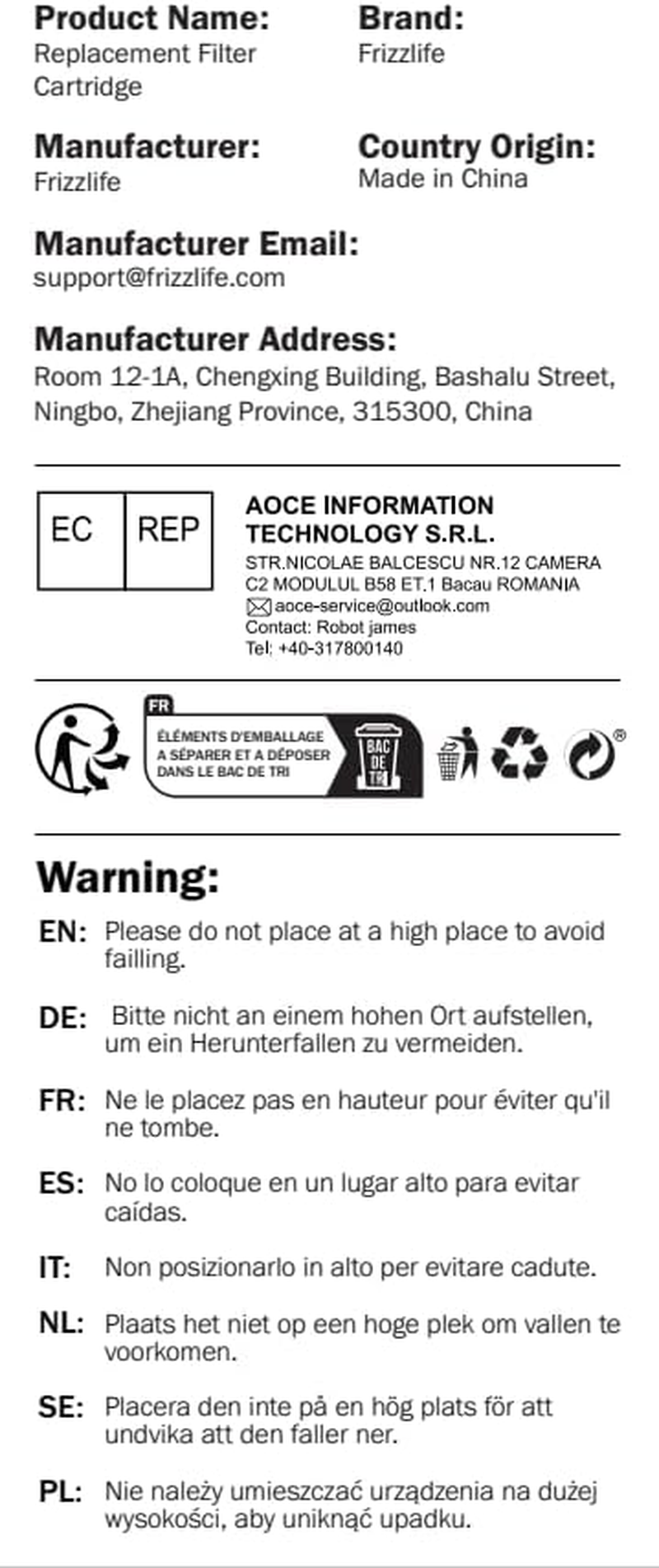 Frizzlife PLC10 Replacement Filter for FK99/FP99/SW10/SW10F under Sink Water Filter image number 1