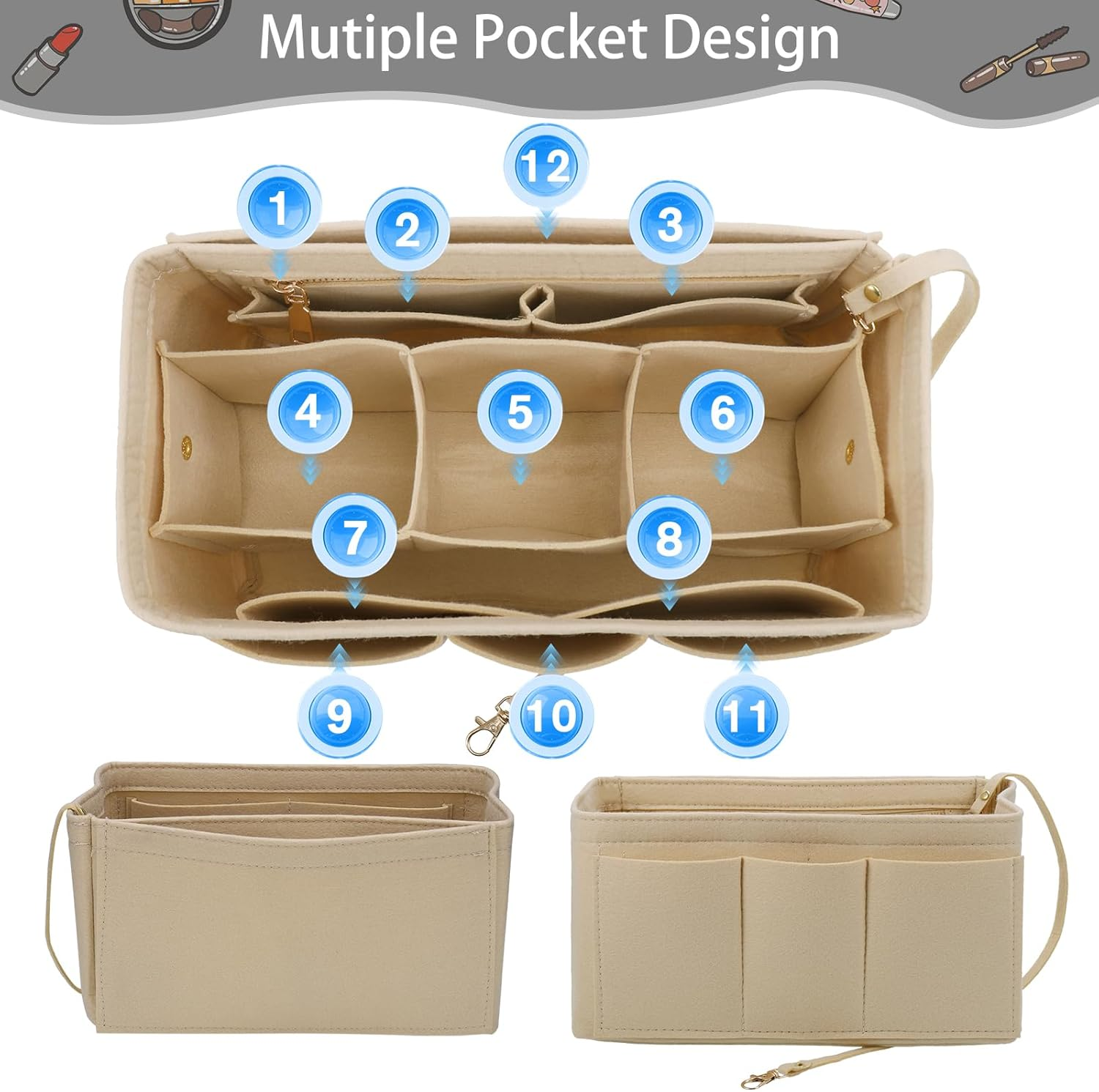 Hejo Handbag Organiser, Felt Bag Organiser, Bag in Bag Organiser, Bag Organiser Shopper, Multi-Pocket Handbag Inner Pocket for Women Girls (Beige, M) - Beige image number 4