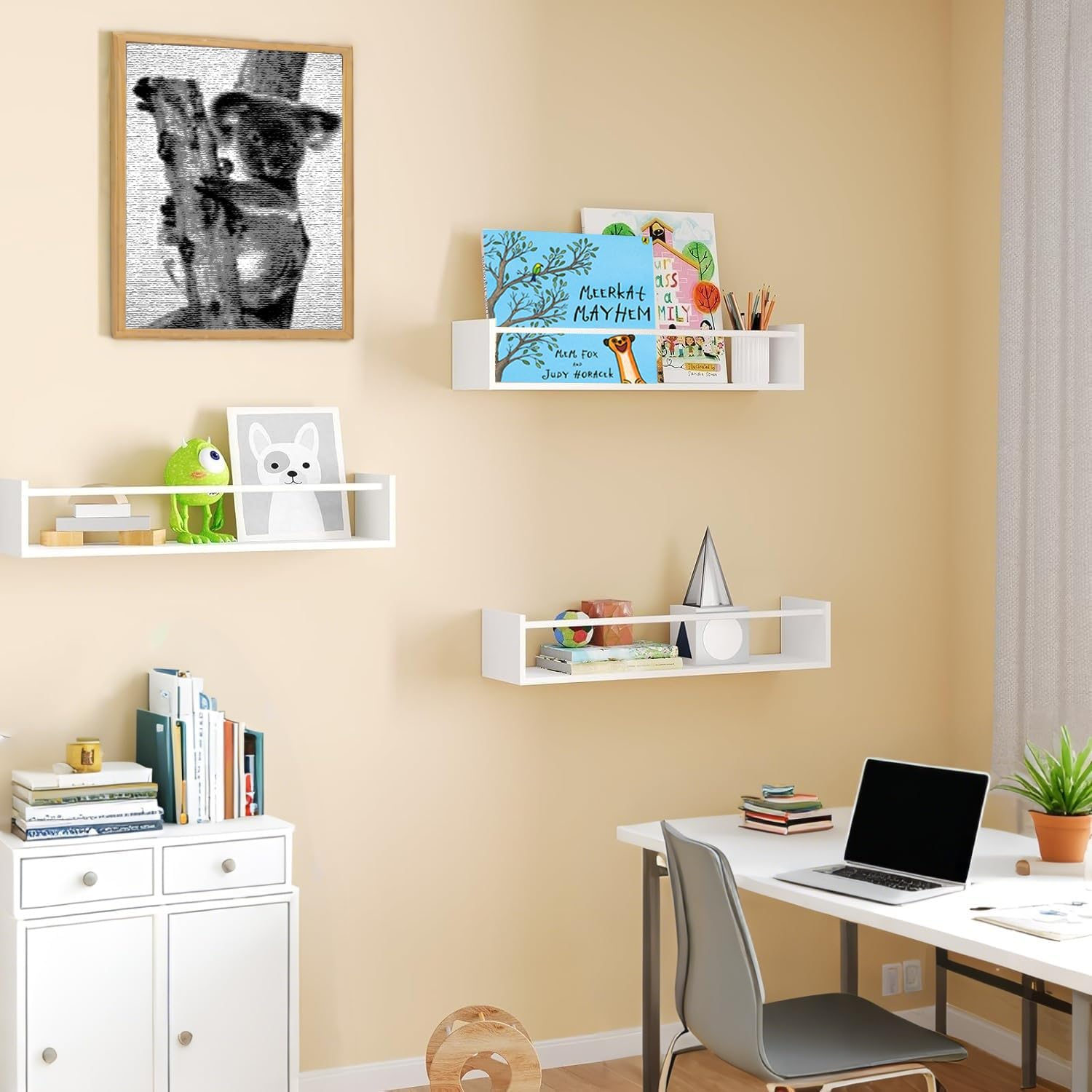 Delsol Floating Nursery Book Shelves for Wall Set of 3,Natural Wood Wall Mounted Bookshelves for Kids Room,Baby Nursery Bedoom Decor (White) image number 3