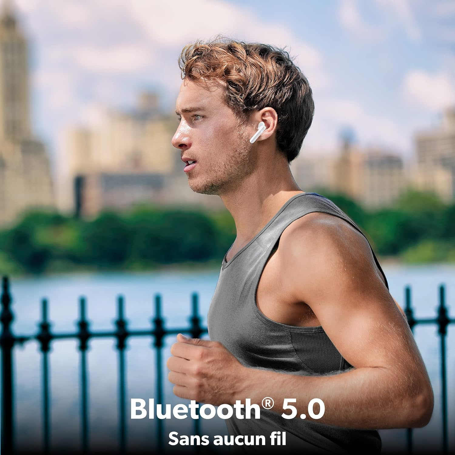 T'Nb Bluetooth Headphones 5.0, TWS Wireless Half In-Ear Headphones with Built-In Microphone, Battery Life up to 19 Hours of Listening Time, Touch Control of Music and Calls, Shiny - White image number 6