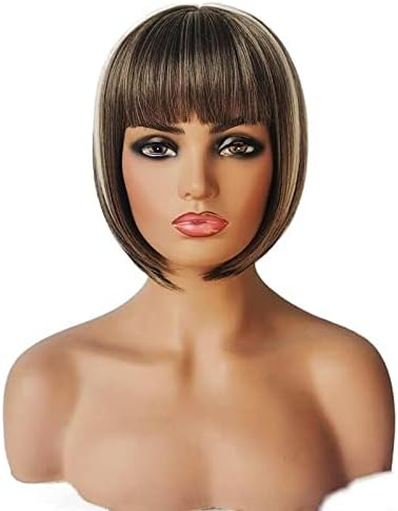AUBWIG Brown Mixed White Bob Wigs Classic Short Bob Short Straight Wig with Fringe Heat Resistant Synthetic Wigs (Brown Mixed White) image number 1