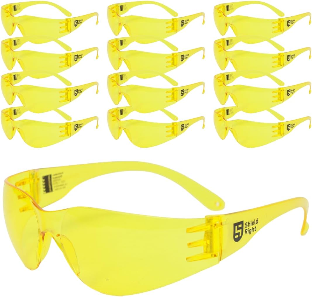 Shield Right 12 Pack Classic Safety Glasses, Clear, Smoke/Tinted, Amber, Anti-Scratch Coating, anti Fog, Eye Protection, Impact Resistant Lens