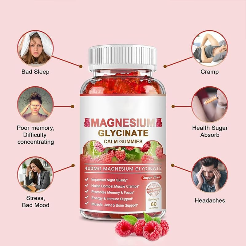 Magnesium Glycinate Gummies 400Mg - 60 Gummies Sugar Free Vegan Magnesium with L-Threonate,Calcium, Vitamin D3,B6,Coq10 for Sleep,Mood,Muscle & Heart Support