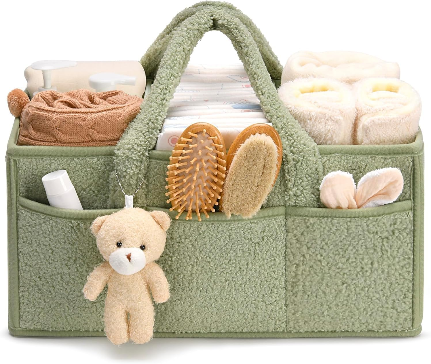 Baby Diaper Caddy Organizer,Nappy Storage Basket for Diapers and Wipes,With Bear, Portable Nursery Car Diaper Organizer