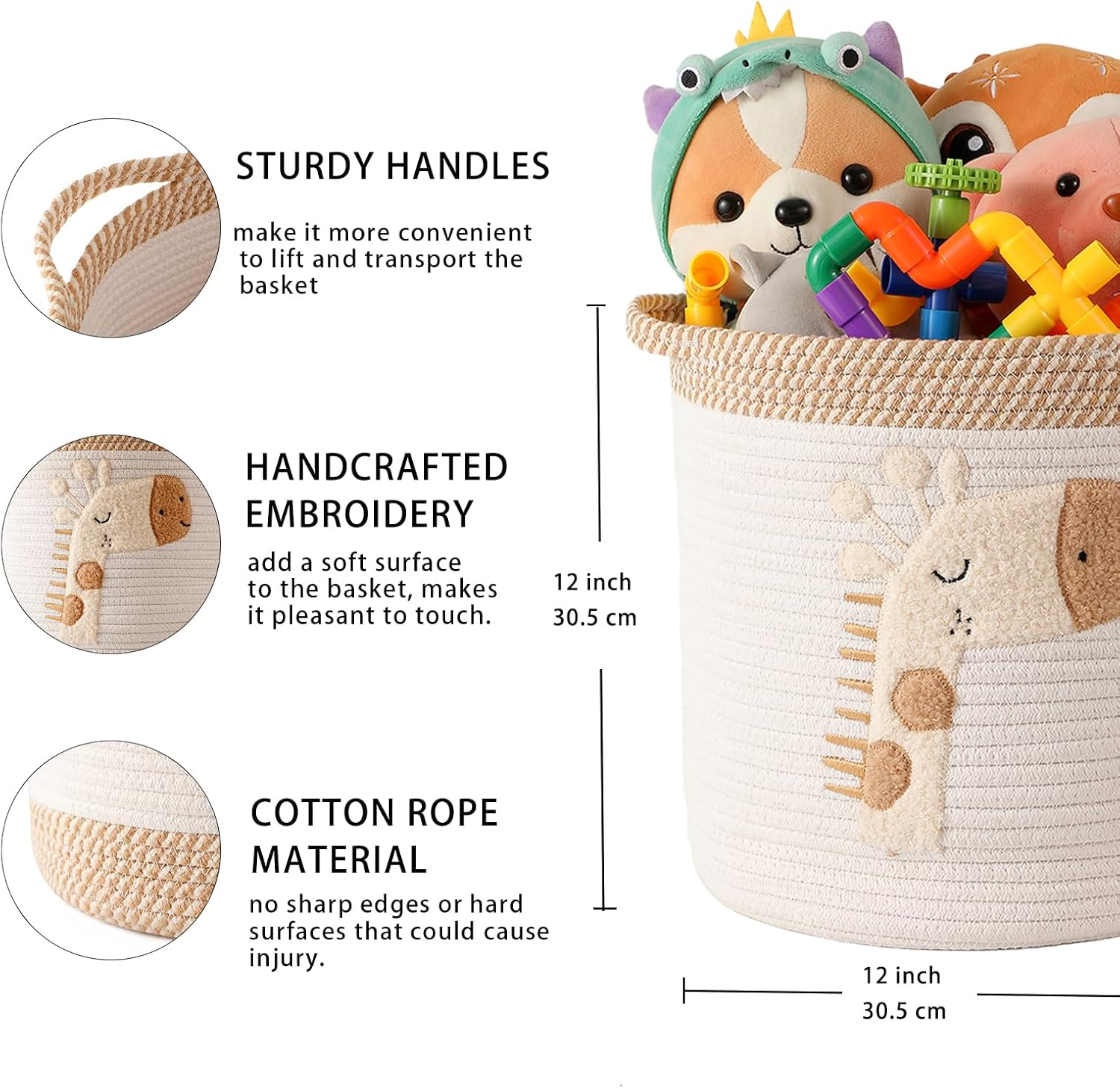 Inough Toy Storage Baskets Woven Cotton Rope Storage Basket for Kids, Blanket Baskets for Living Room Toys Organizer with Embroidery Decor, Cute Baskets with Handle for Nursery, Playroom (Giraffe)