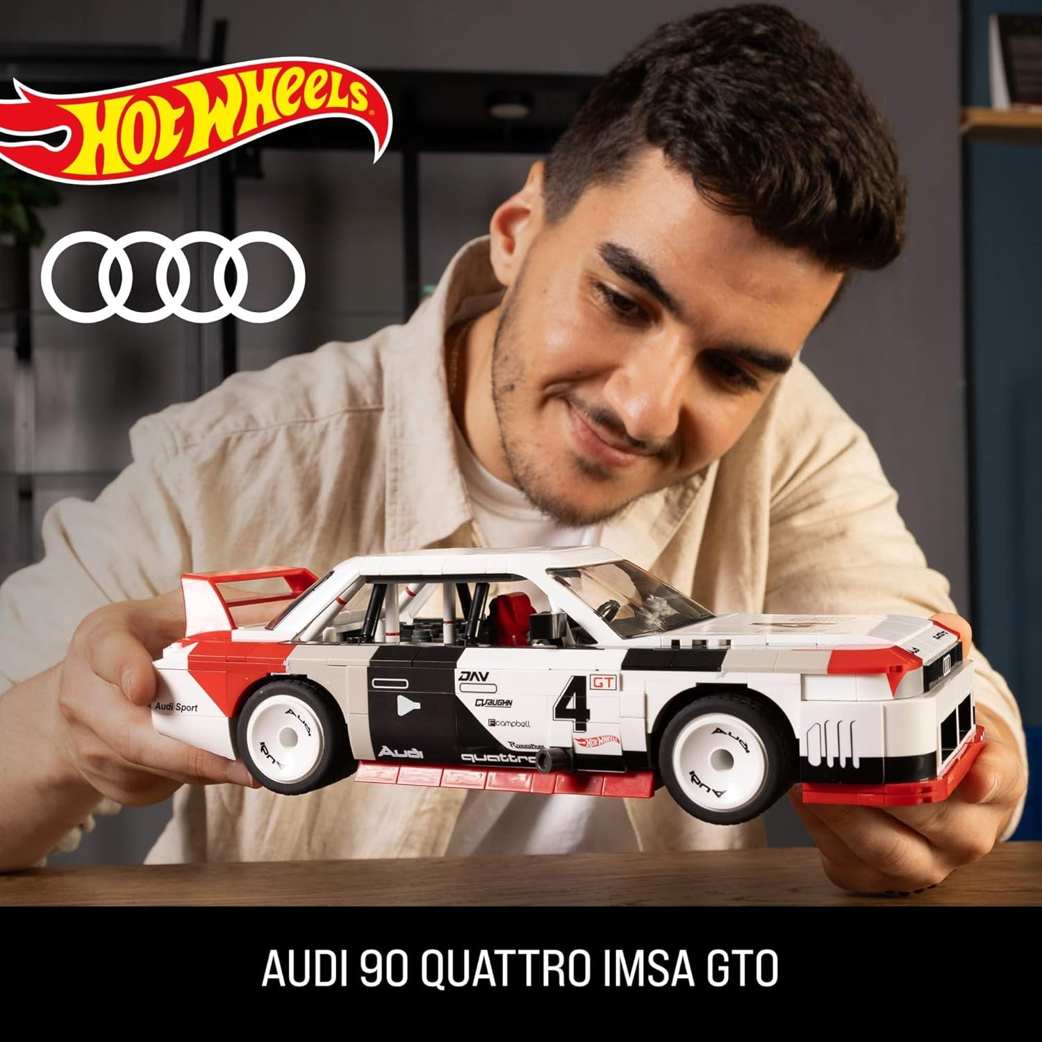 ​Mega Brands Hot Wheels Collectible Car Building Toy, Audi 90 Quattro IMSA GTO with 973 Pieces and Die-Cast Model, Build & Display Set for Collectors, Red image number 4