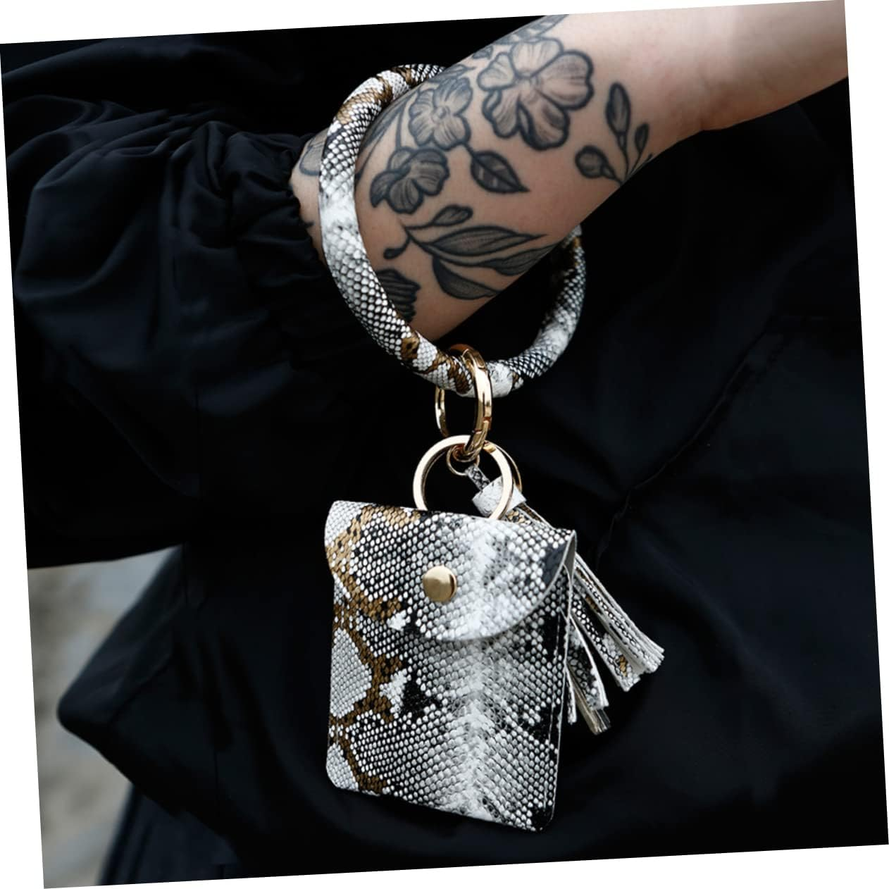 COLLBATH Leather Wristlet Keychain Leopard Purse Card Holder Keychain Key Bracelet Holder Tassel Wristlet Keychain Pu Leather Bangle Keyring Women Coin Purse Women Keychain Coin Wallet Deck - White image number 1