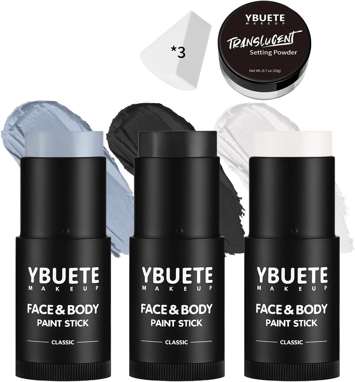 YBUETE White Black Face Body Paint Stick Set with Translucent Setting Powder and Sponges, Professional Full Coverage Face Painting for Adults Halloween Cosplay SFX Skull Zombie Skeleton Goth Makeup