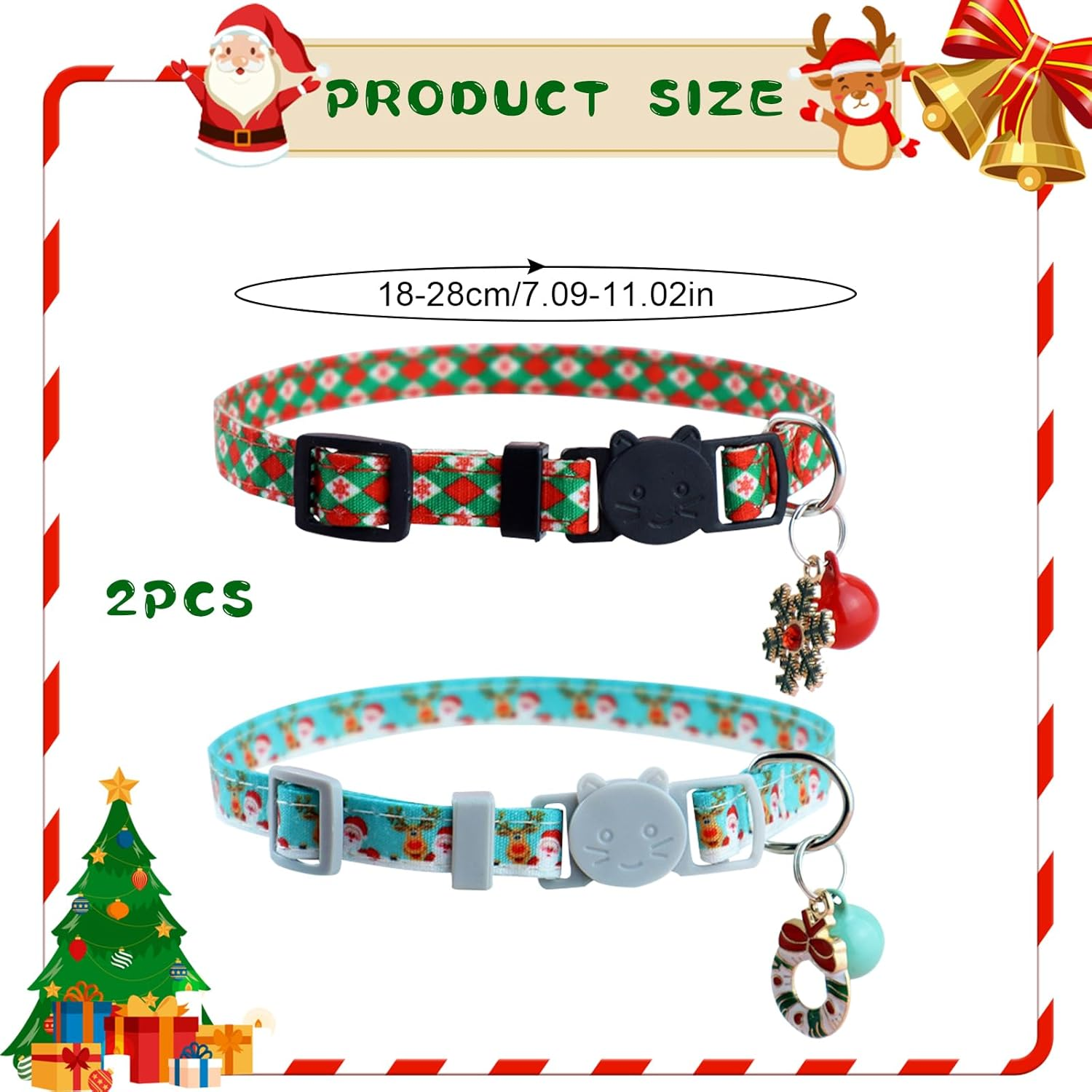2Pcs Christmas Cat Collar,Xmas Pet Collars with Bell for Cats and Dogs,Adjustable Christmas Cat Neckties,Cute Christmas Pet Collars for Small Medium Cats Dogs Xmas Gift Decoration image number 2